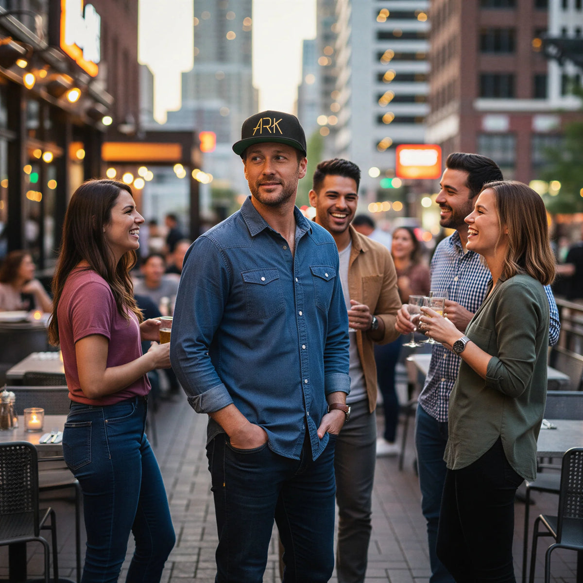 Mid-30s man with short hair and a fit build, standing on the lively patio of an urban restaurant surrounded by a group of diverse friends laughing and chatting casually. He is wearing a 3d ARK embroidered hat.