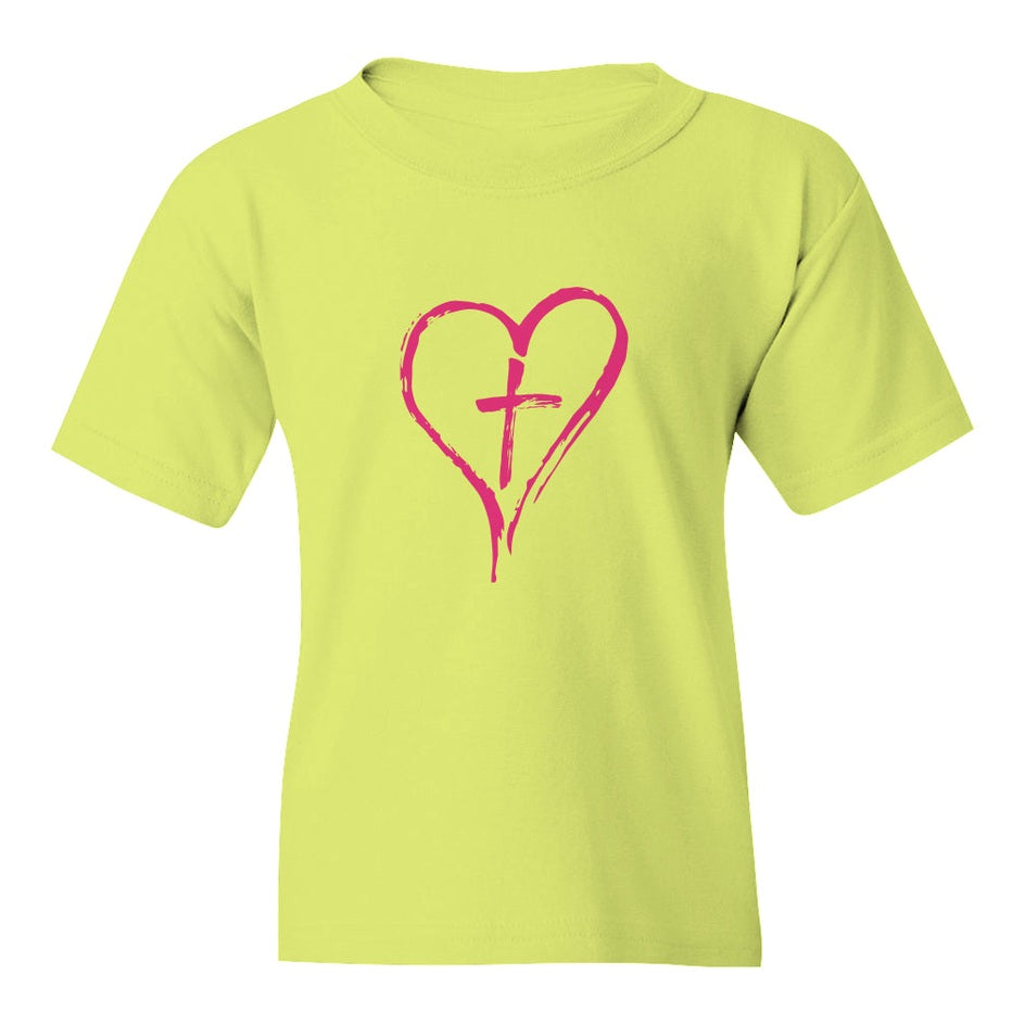 Girls Youth Crew Neck T Shirt with Heart and Cross Front Graphic Print Short Sleeve