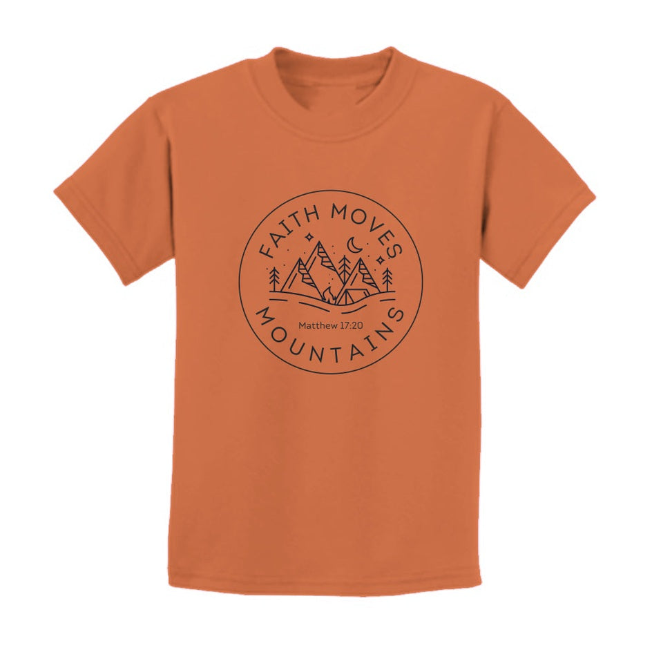 Youth Crew Neck T Shirt with Faith Moves Mountains Front Text Print Short Sleeve