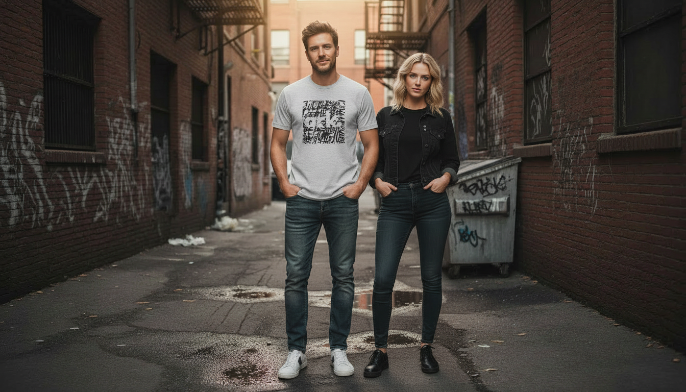 Two people standing in an alleyway with graffiti on the walls.