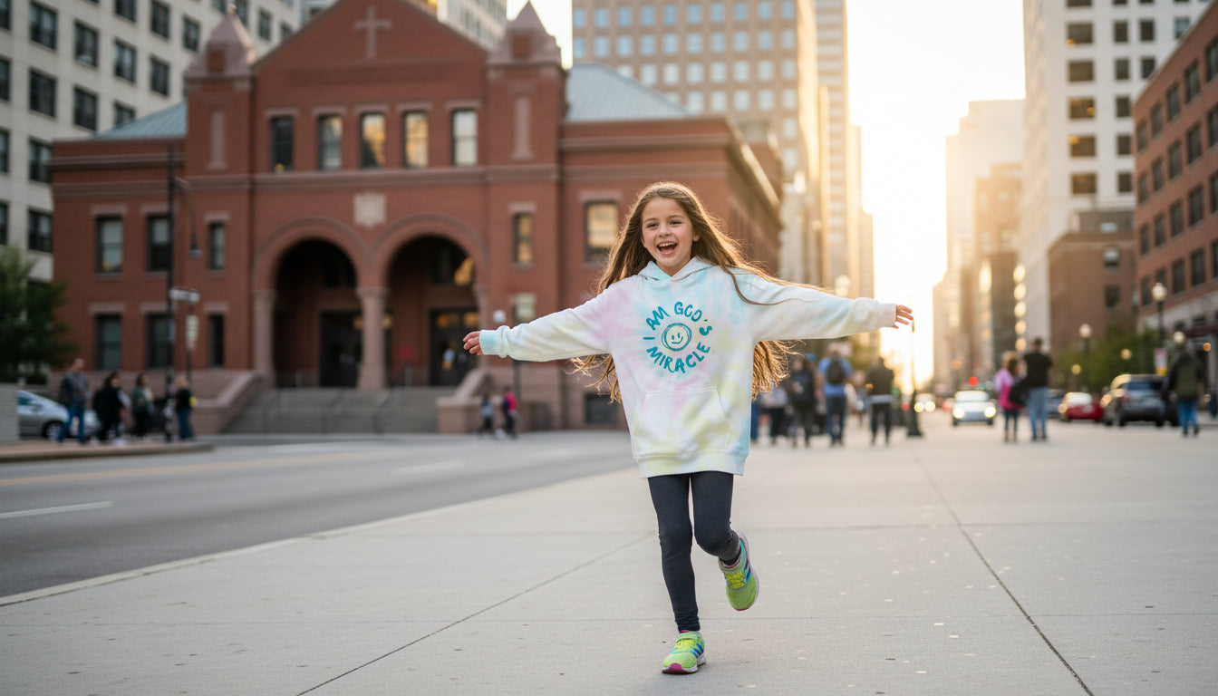 Child in a colorful sweatshirt running on a city street with buildings in the background
