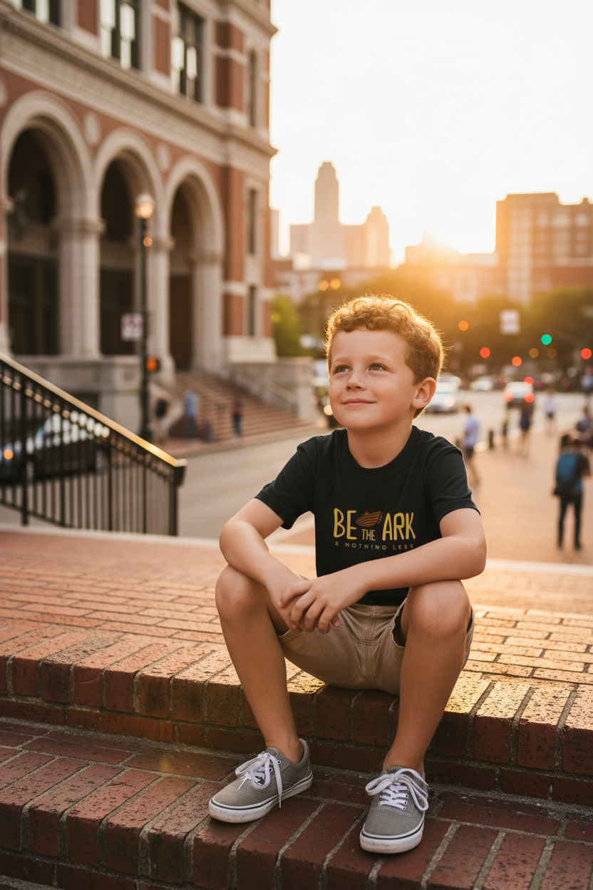 Child sitting on a brick ledge in an urban setting with a cityscape in the background