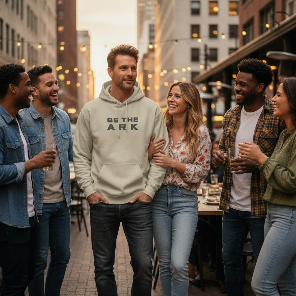 Group of friends standing together in an urban setting with a man wearing a hoodie with text.
