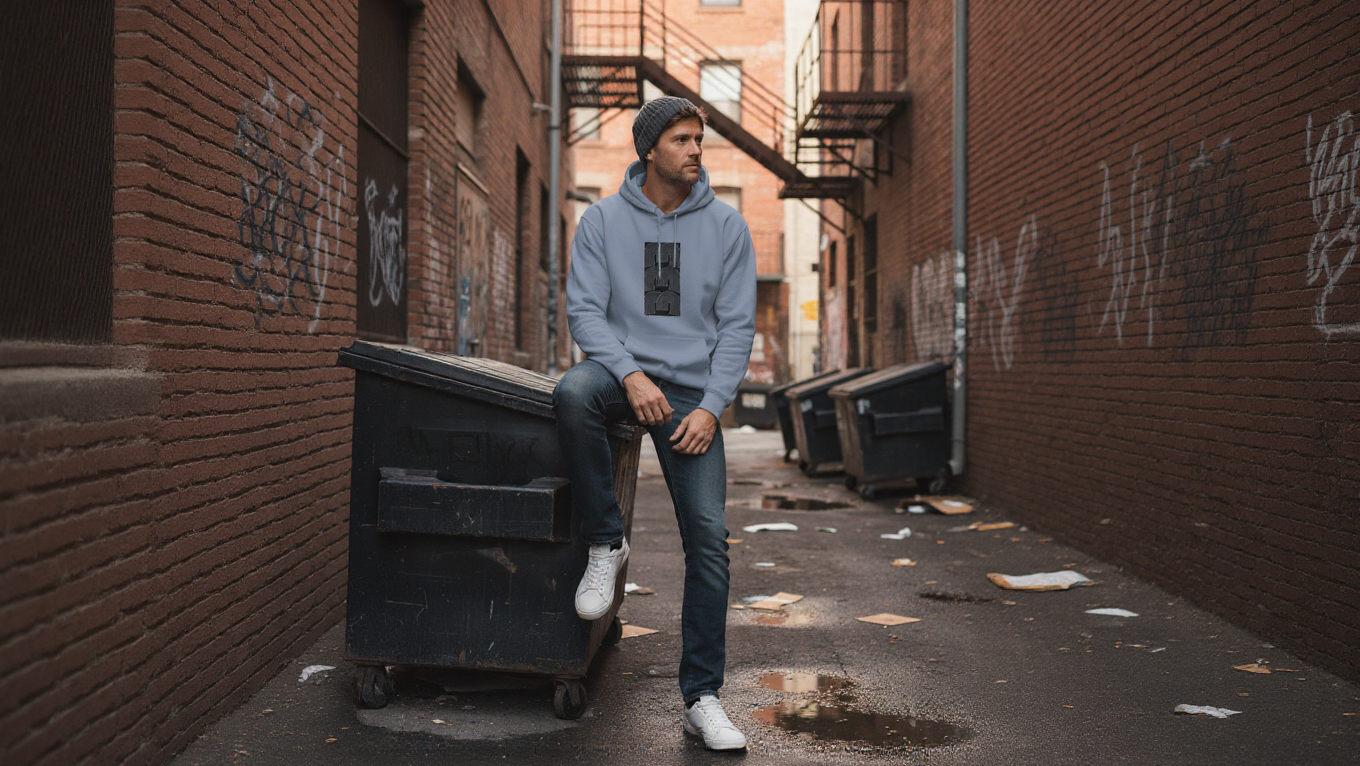 Man in a blue hoodie and jeans standing in an alley with graffiti on the walls.