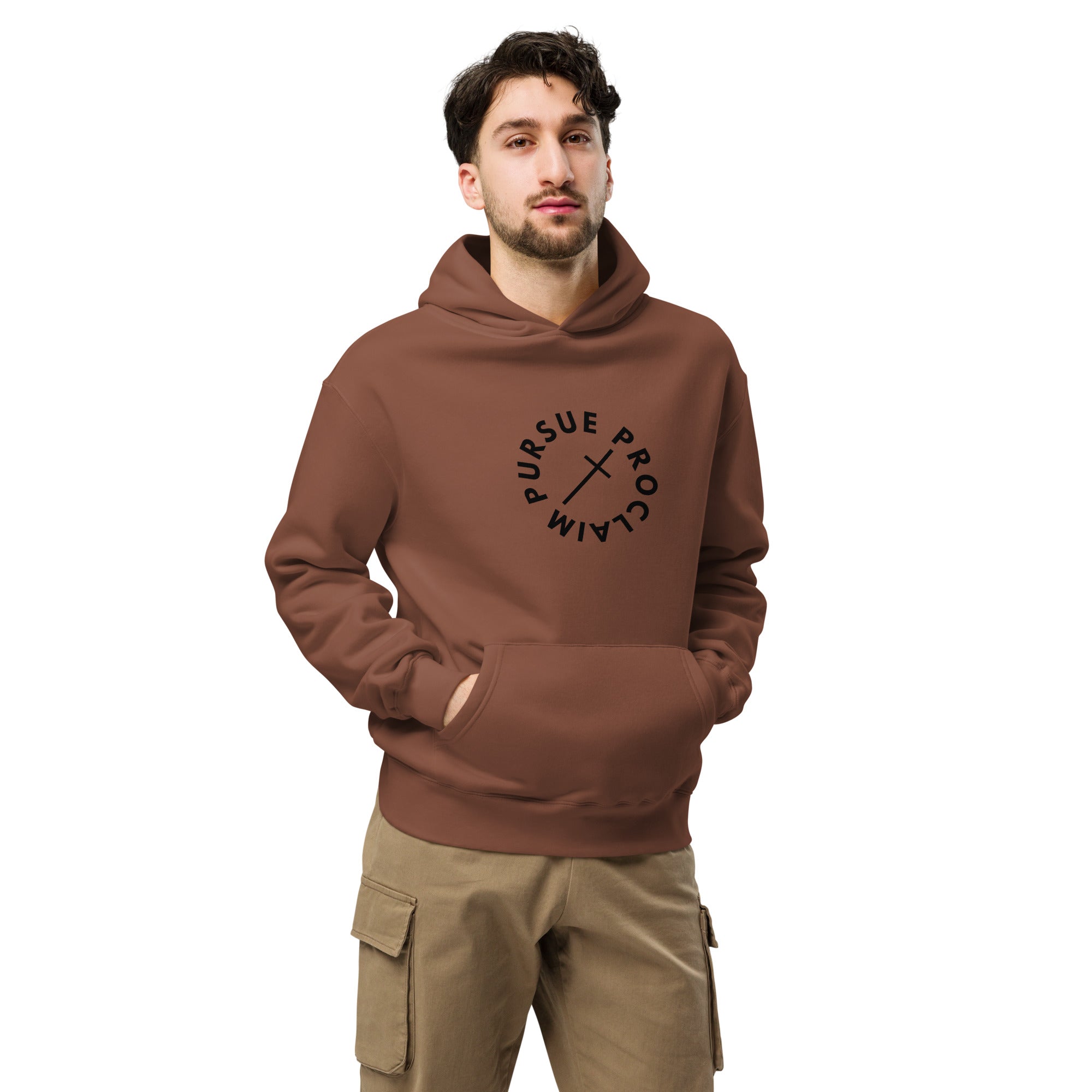Men's Oversized Pullover Hoodie - Pursue and Proclaim Print - Various Colors Christian Faith Sweatshirt