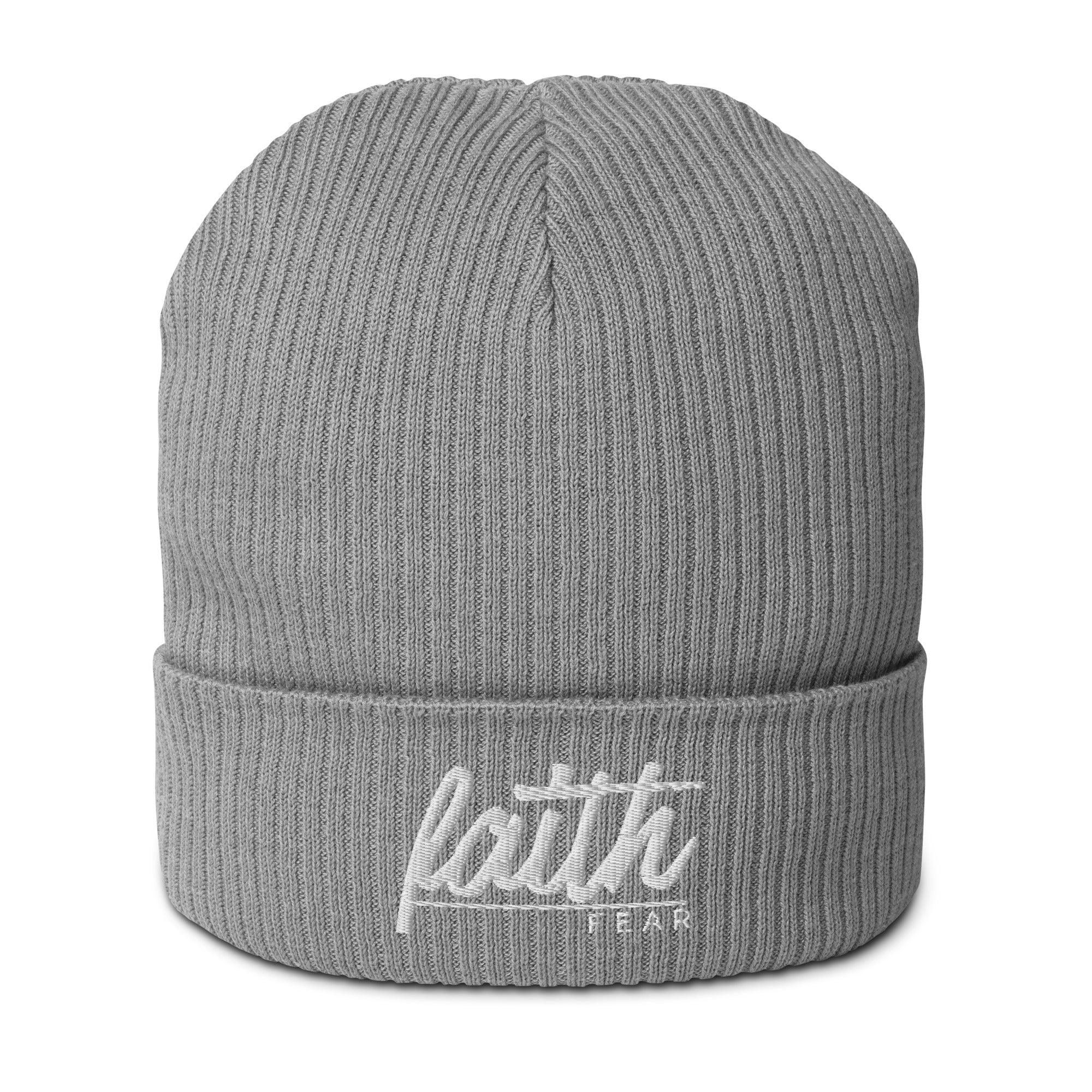 Organic Ribbed Beanie - Faith Over Fear Embroidery - Grey Christian Toque