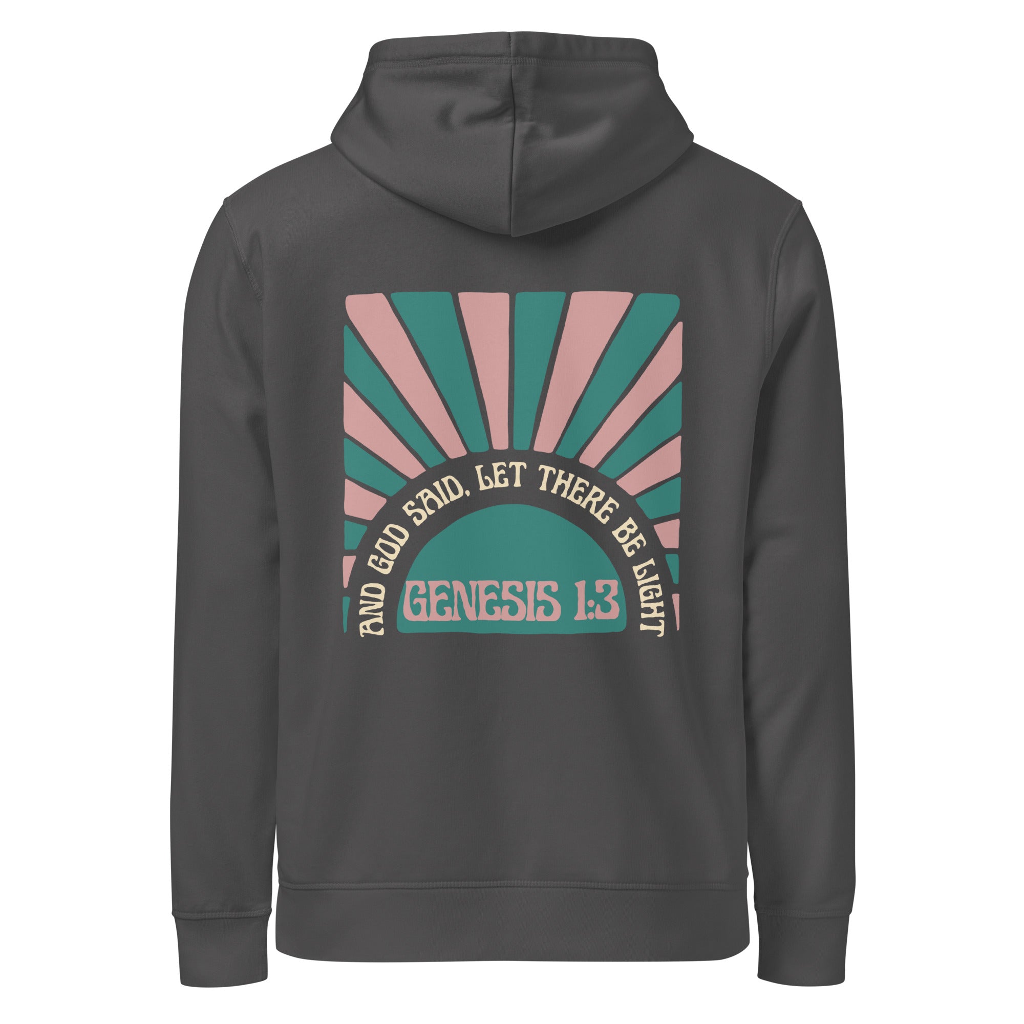 Women's Organic Mid-Weight Hoodie - Genesis 1:3 Bible Verse Back Print & Sun Front - Various Colors Christian Faith Sweatshirt
