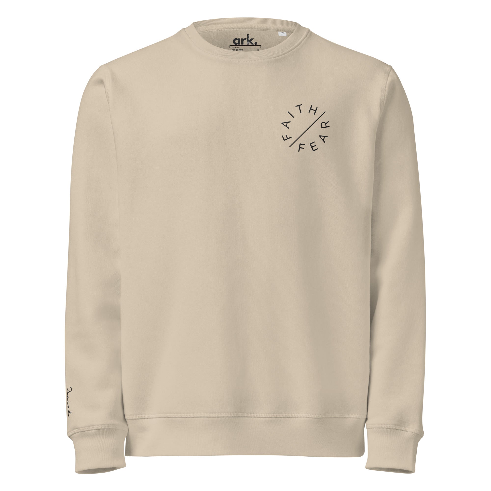 Faith Over Fear Organic Embroidered Sweatshirt | Isaiah 41:10 Wrist Detail