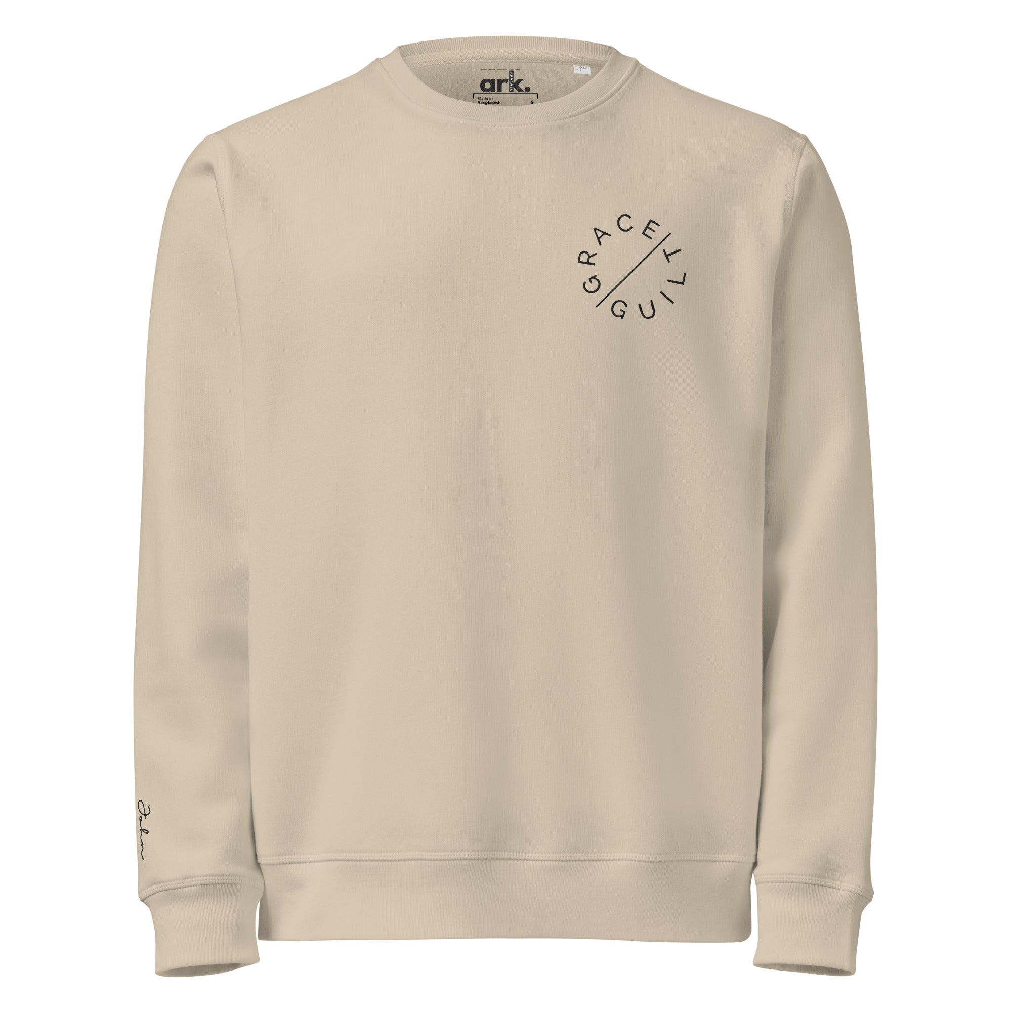 Women's Organic Sweatshirt - Grace Over Guilt Front Embroidery & John 3:17 Wrist - Various Colors Christian Faith Sweatshirt