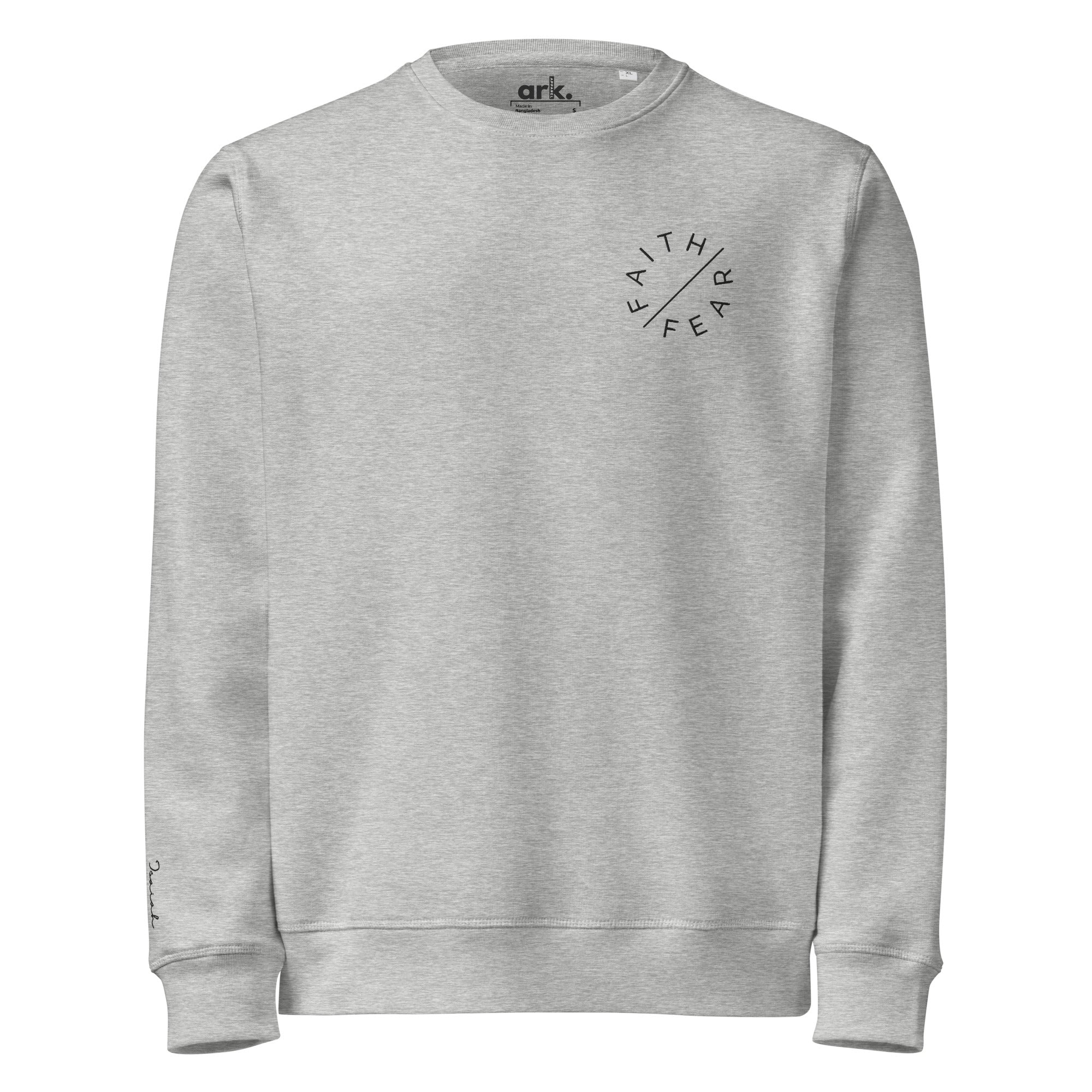 Faith Over Fear Organic Embroidered Sweatshirt | Isaiah 41:10 Wrist Detail