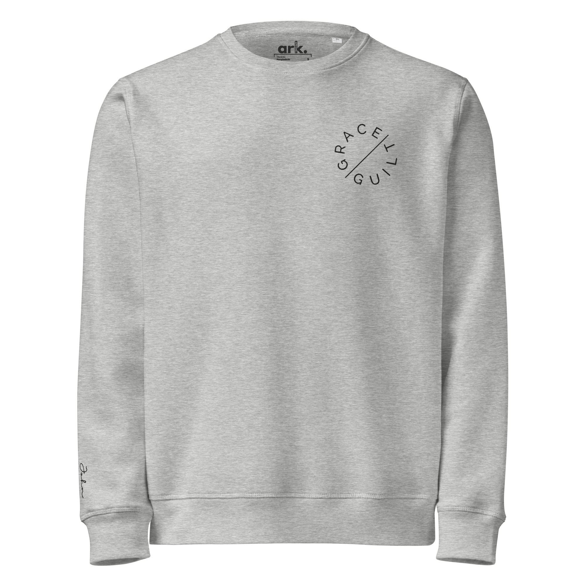 Women's Organic Sweatshirt - Grace Over Guilt Front Embroidery & John 3:17 Wrist - Various Colors Christian Faith Sweatshirt
