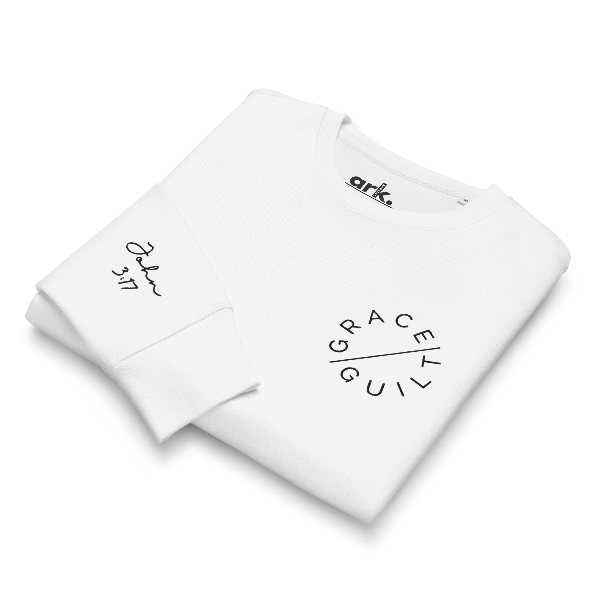 Women's Organic Sweatshirt - Grace Over Guilt Front Embroidery & John 3:17 Wrist - Various Colors Christian Faith Sweatshirt