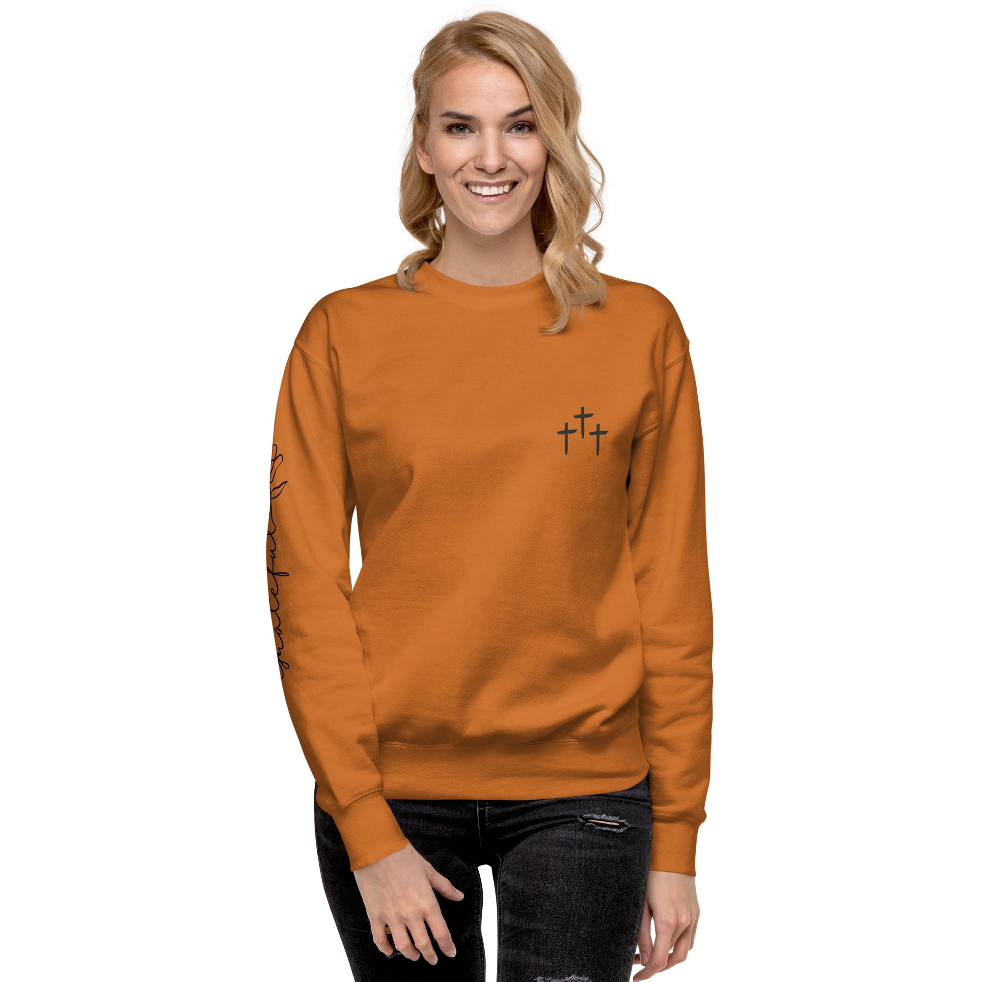 3 Crosses Crewneck with Grateful Sleeve Print | Christian Sweatshirt
