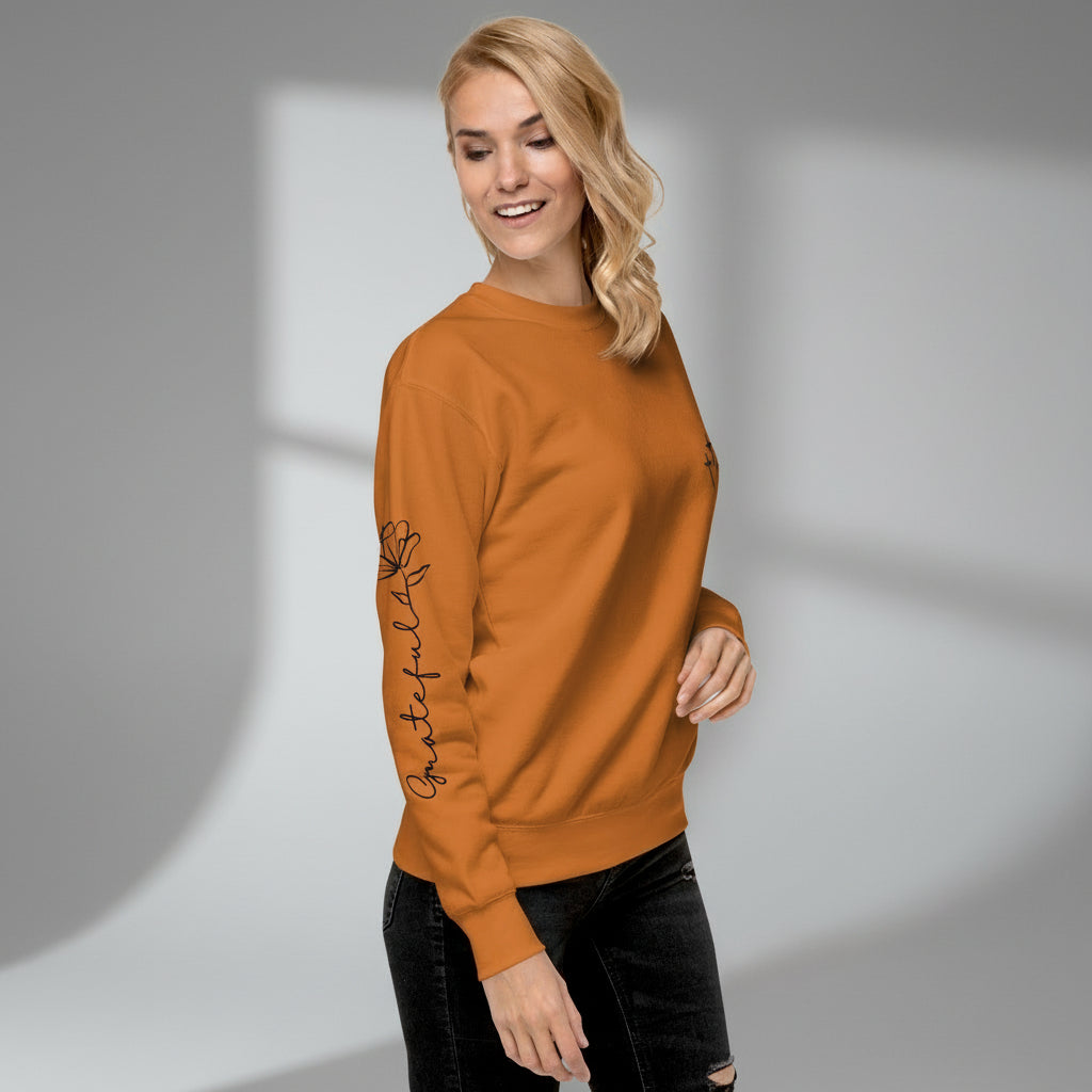 3 Crosses Crewneck with Grateful Sleeve Print | Christian Sweatshirt