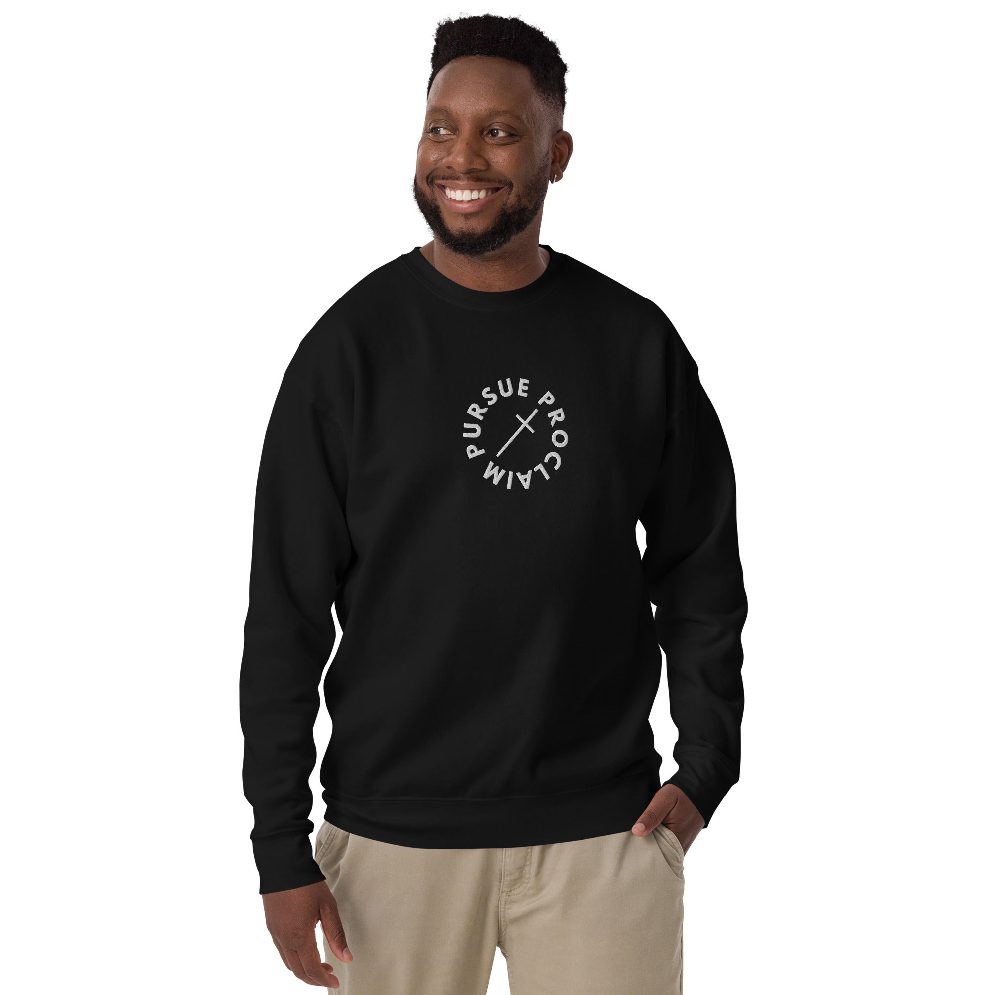 Men's Classic Crewneck Sweatshirt - Pursue and Proclaim Embroidery - Various Colors Christian Faith Sweater