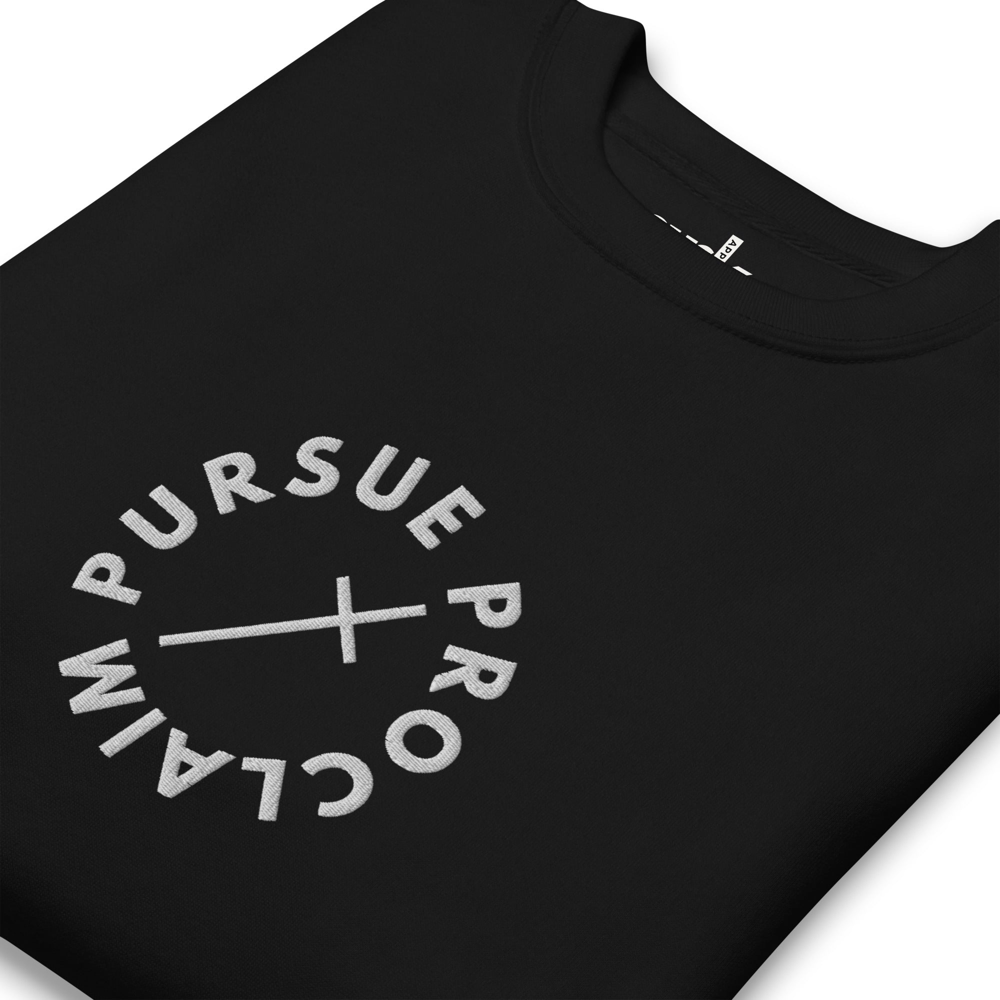 Men's Classic Crewneck Sweatshirt - Pursue and Proclaim Embroidery - Various Colors Christian Faith Sweater