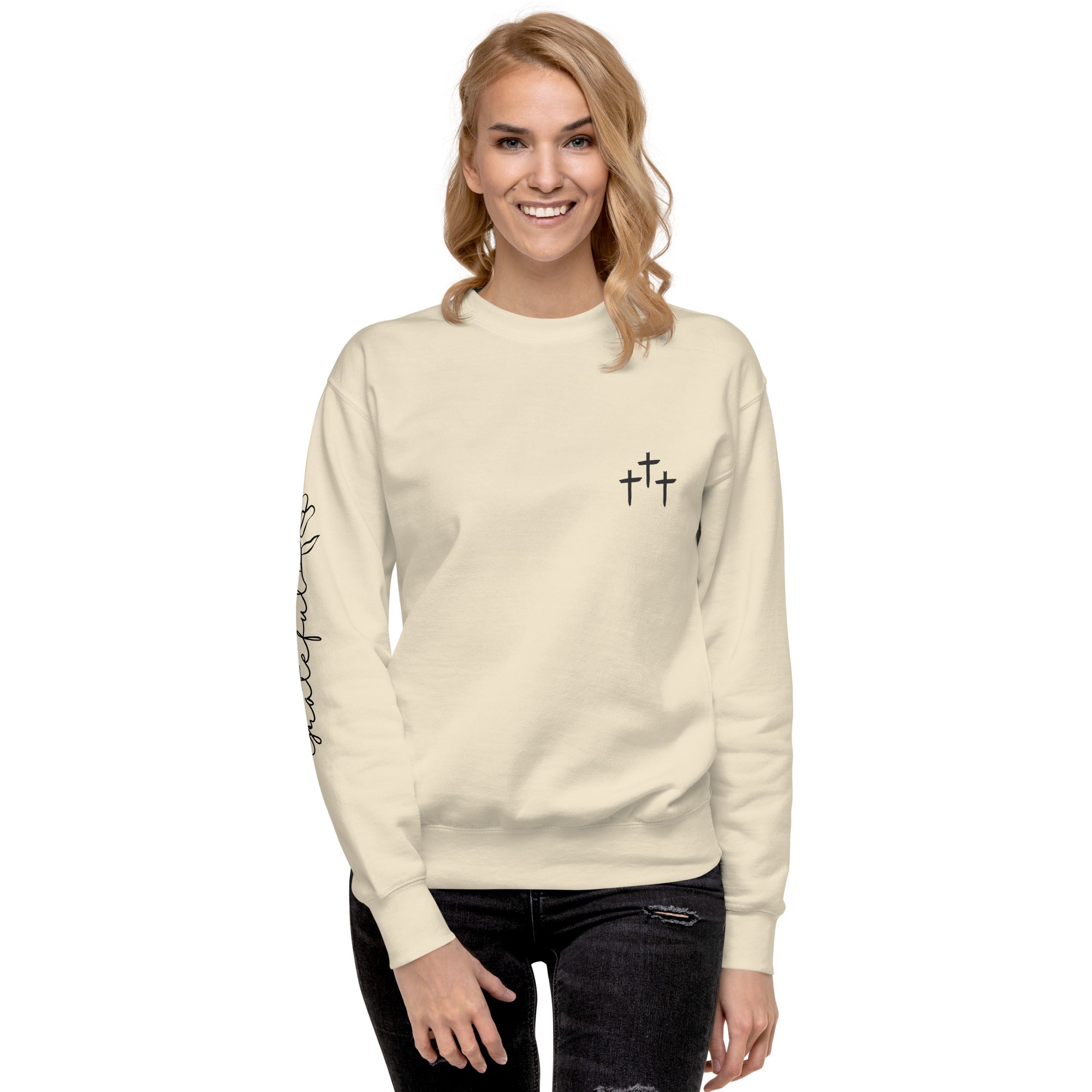 3 Crosses Crewneck with Grateful Sleeve Print | Christian Sweatshirt