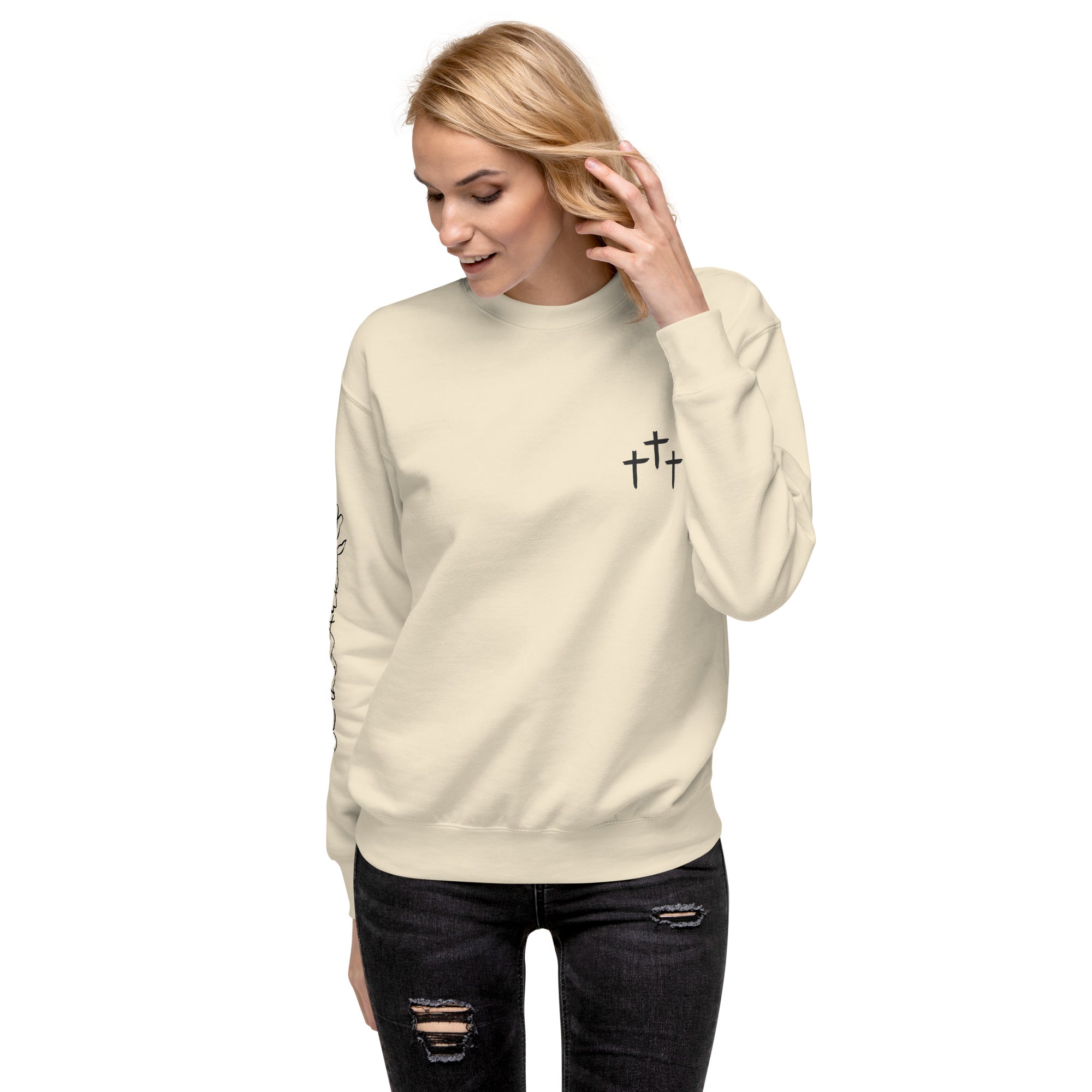 3 Crosses Crewneck with Be The Ark Sleeve Print | Christian Sweatshirt