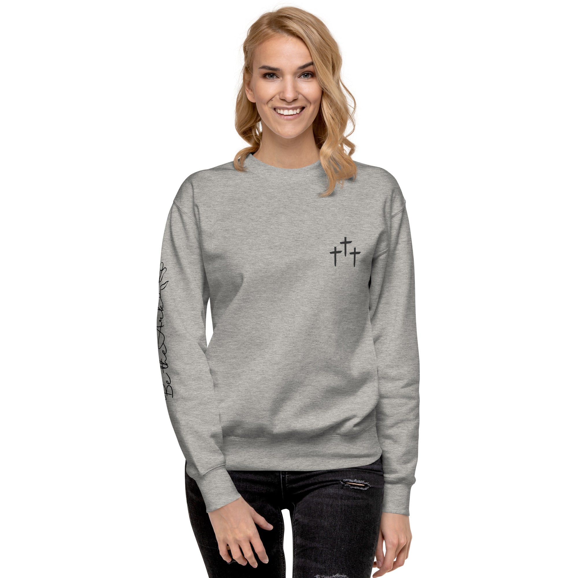 3 Crosses Crewneck with Be The Ark Sleeve Print | Christian Sweatshirt