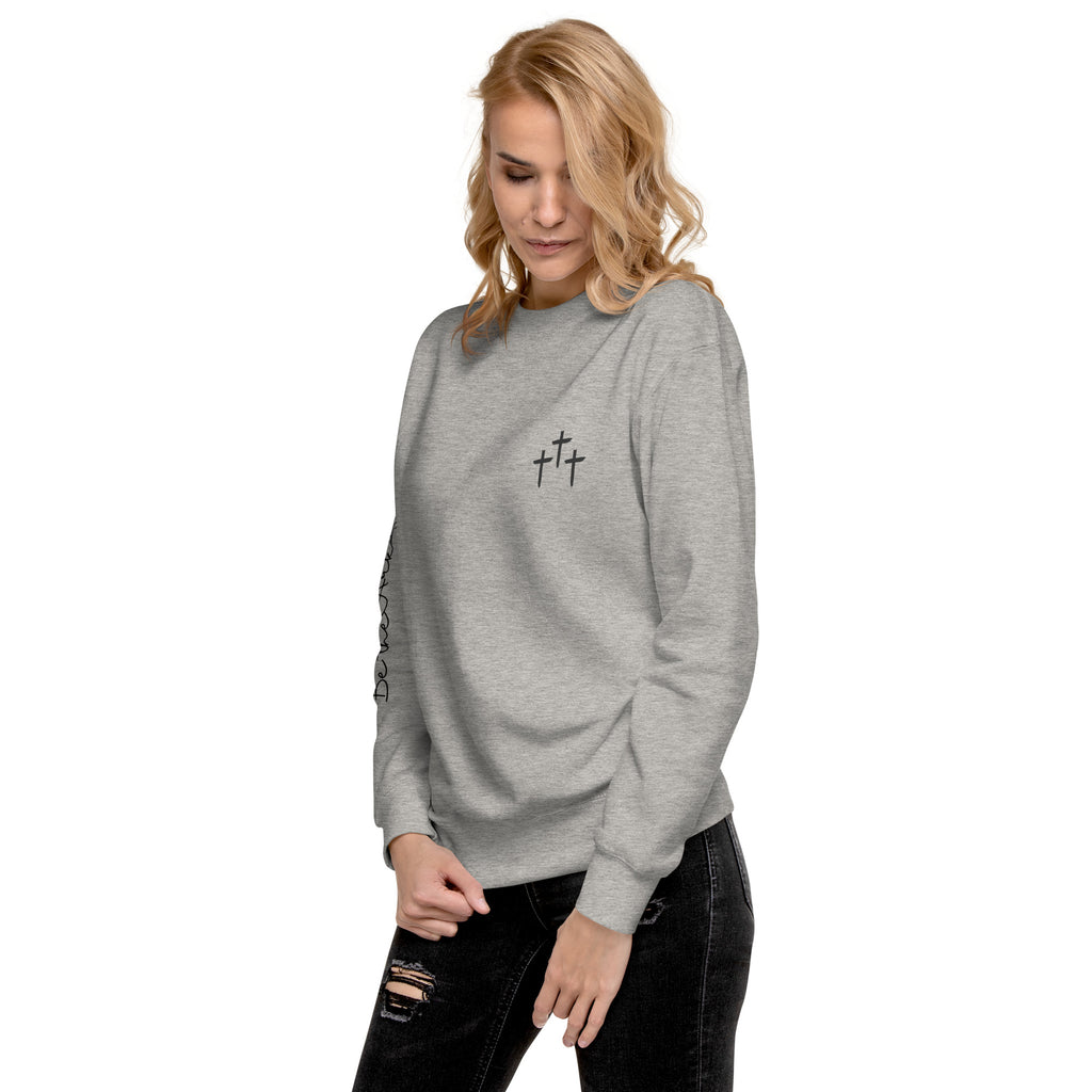 3 Crosses Crewneck with Be The Ark Sleeve Print | Christian Sweatshirt