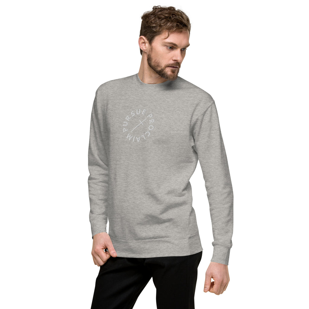 Men's Classic Crewneck Sweatshirt - Pursue and Proclaim Embroidery - Various Colors Christian Faith Sweater