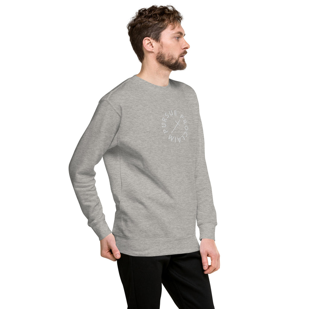 Men's Classic Crewneck Sweatshirt - Pursue and Proclaim Embroidery - Various Colors Christian Faith Sweater