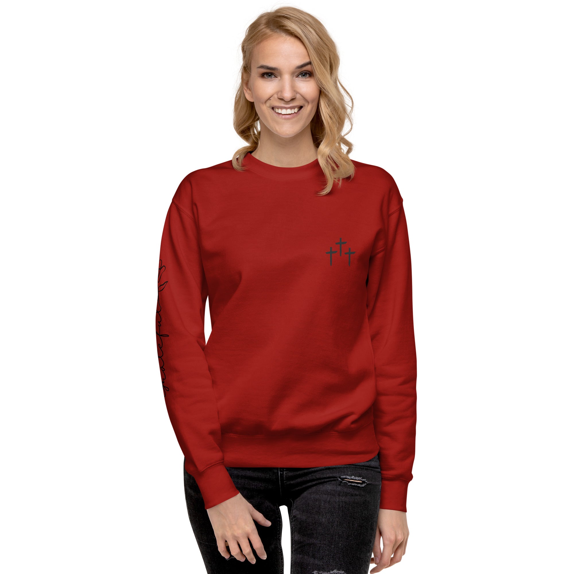 3 Crosses Crewneck with Grateful Sleeve Print | Christian Sweatshirt
