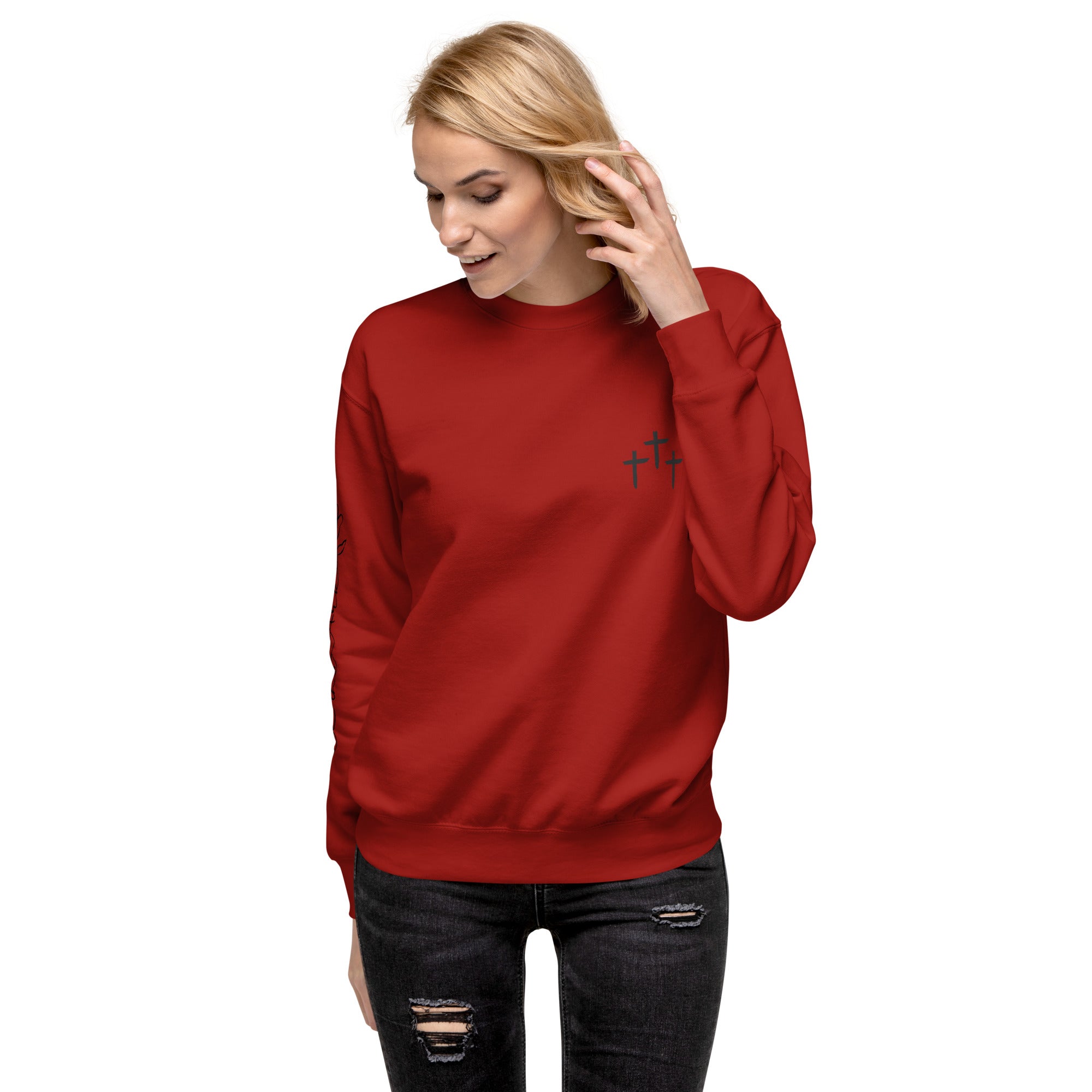 3 Crosses Crewneck with Be The Ark Sleeve Print | Christian Sweatshirt