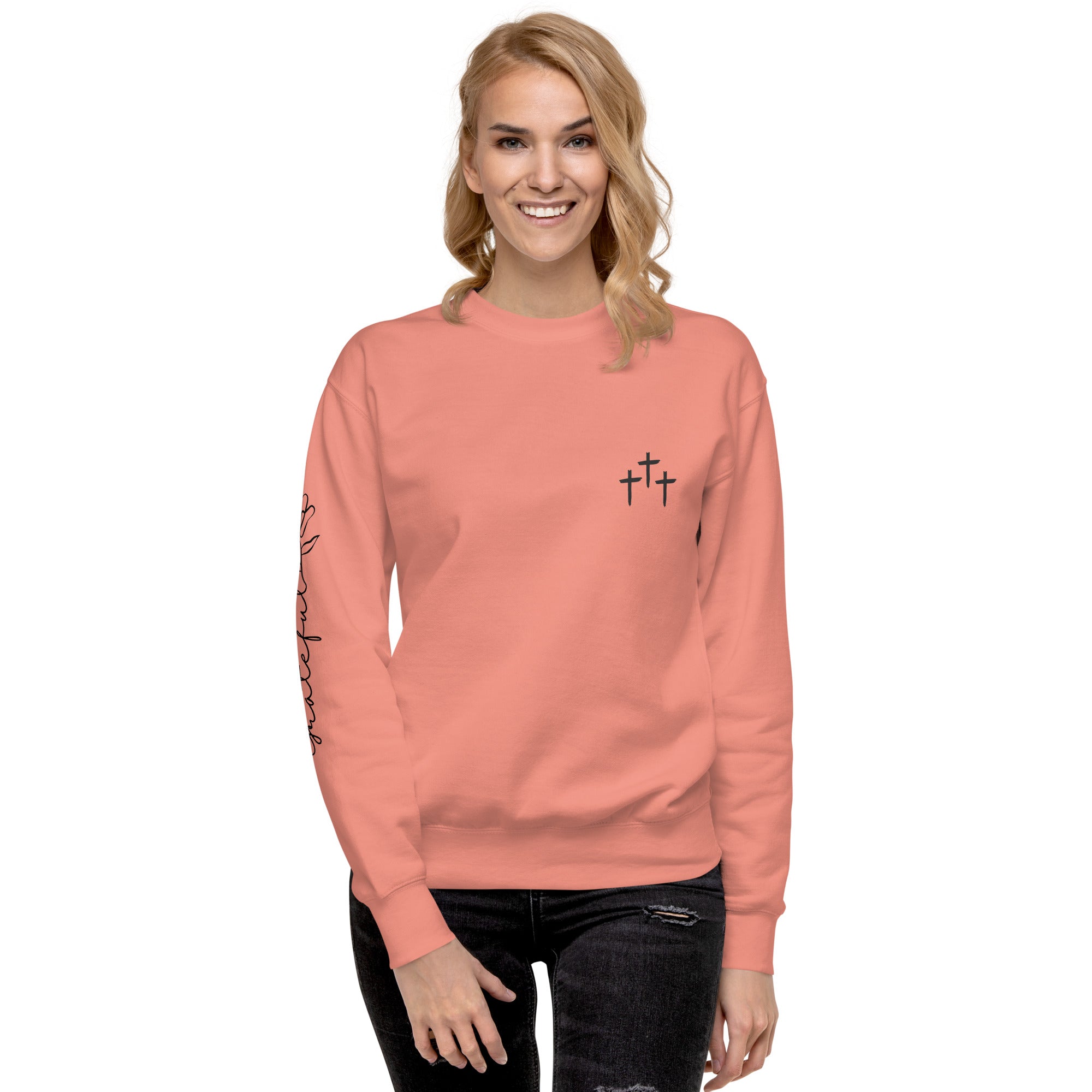 3 Crosses Crewneck with Grateful Sleeve Print | Christian Sweatshirt