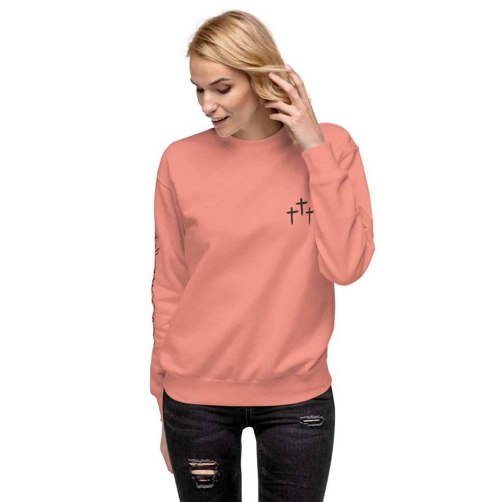 3 Crosses Crewneck with Be The Ark Sleeve Print | Christian Sweatshirt