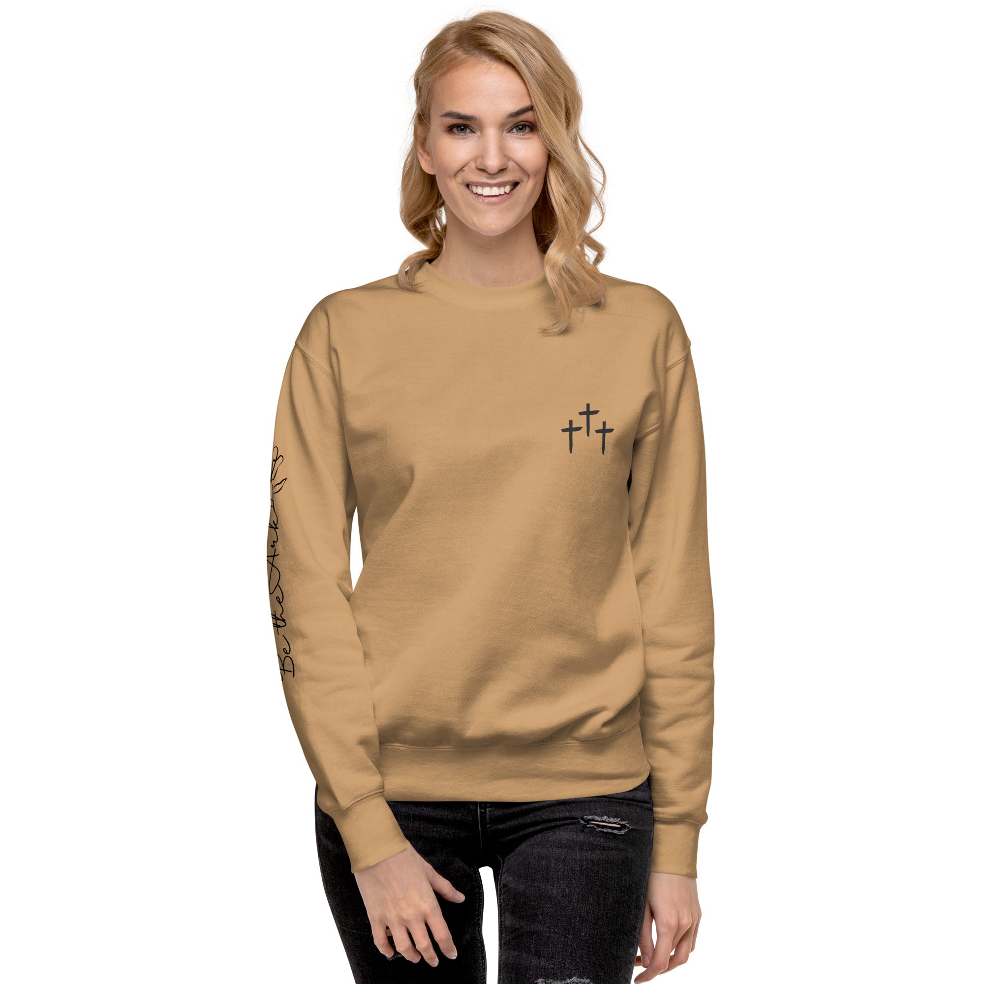 3 Crosses Crewneck with Be The Ark Sleeve Print | Christian Sweatshirt