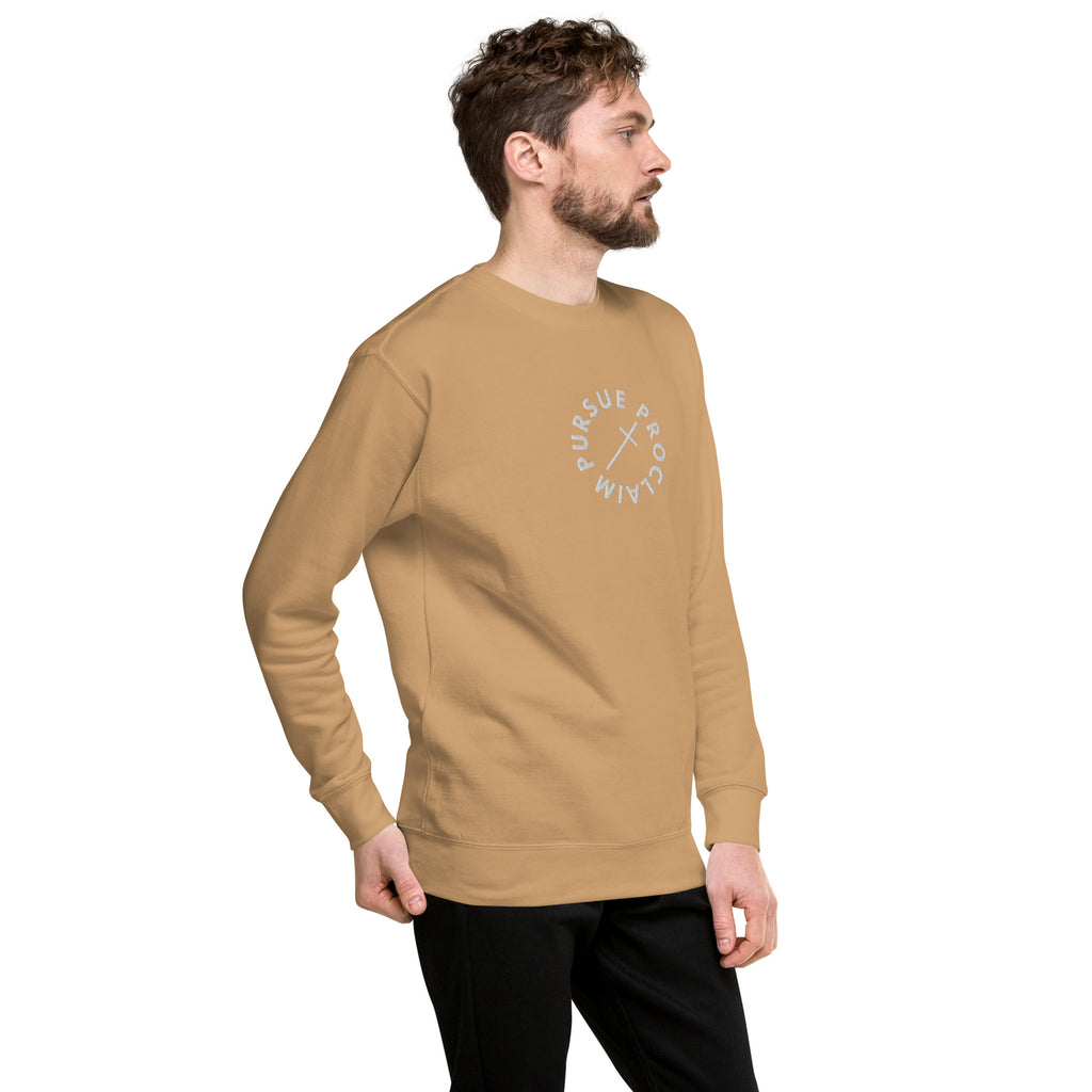 Men's Classic Crewneck Sweatshirt - Pursue and Proclaim Embroidery - Various Colors Christian Faith Sweater