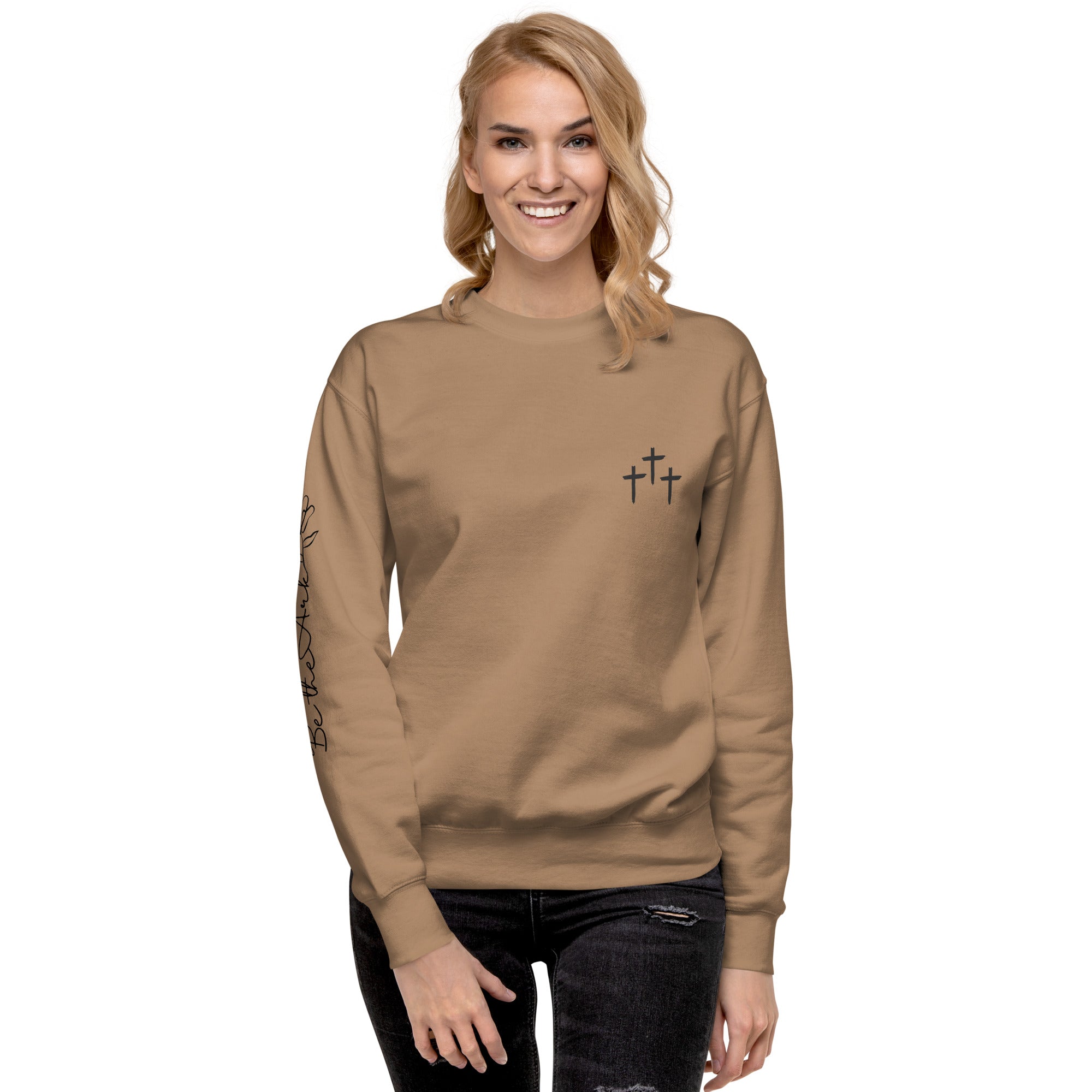 3 Crosses Crewneck with Be The Ark Sleeve Print | Christian Sweatshirt