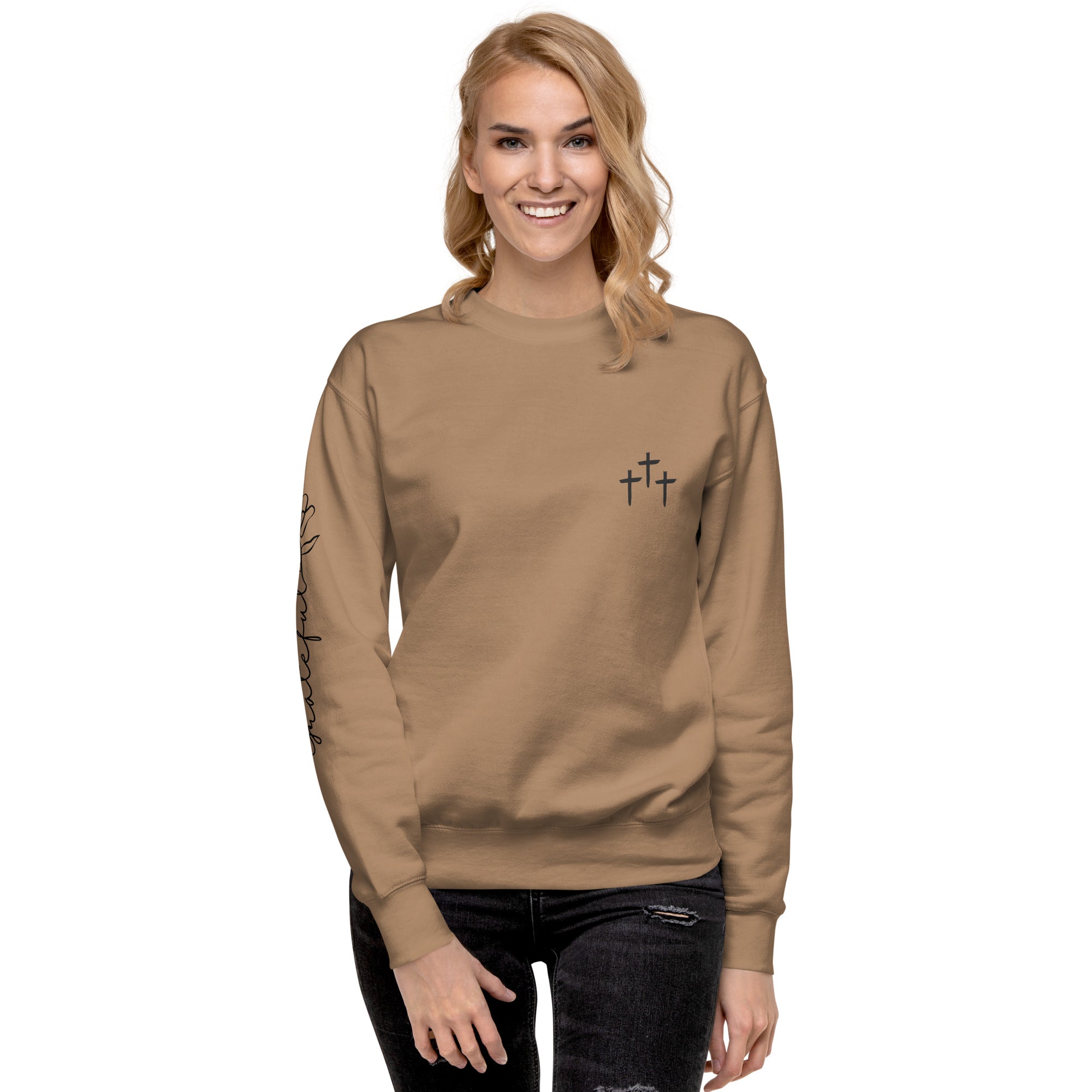 3 Crosses Crewneck with Grateful Sleeve Print | Christian Sweatshirt