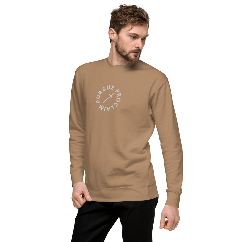 Men's Classic Crewneck Sweatshirt - Pursue and Proclaim Embroidery - Various Colors Christian Faith Sweater