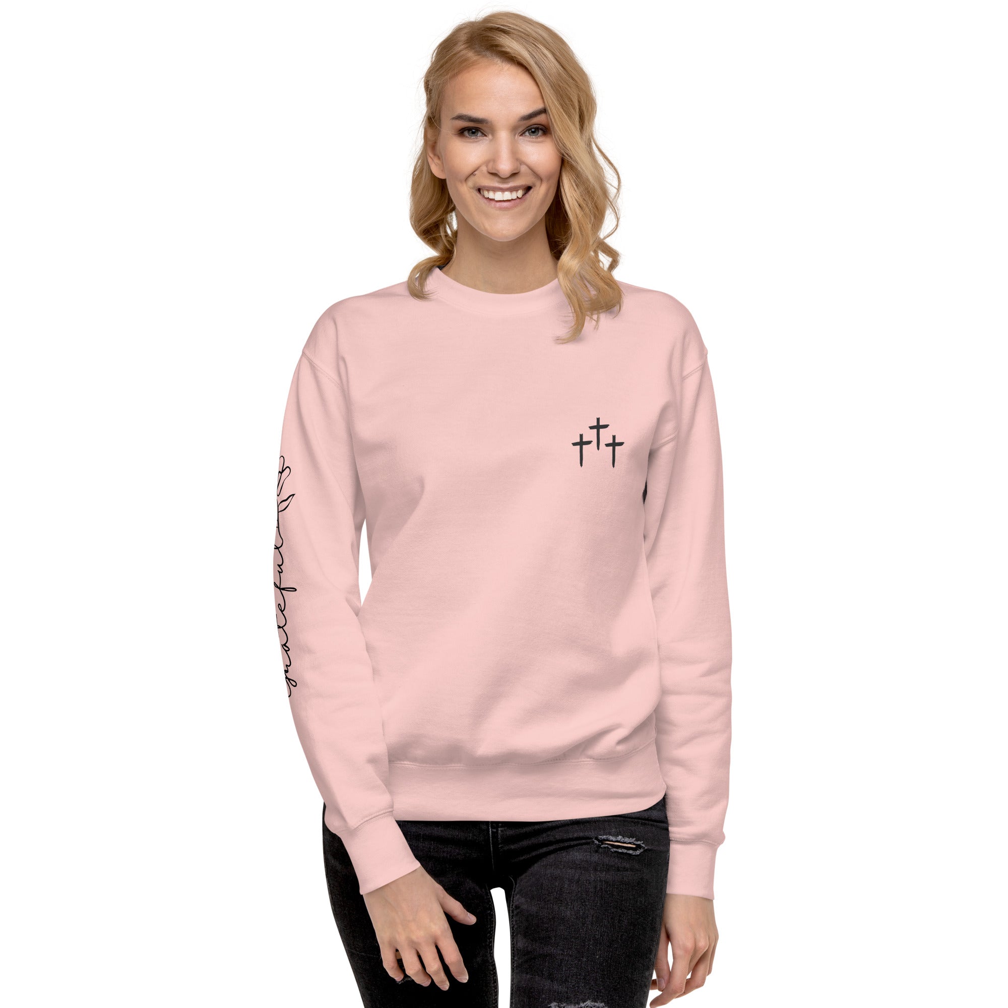 3 Crosses Crewneck with Grateful Sleeve Print | Christian Sweatshirt