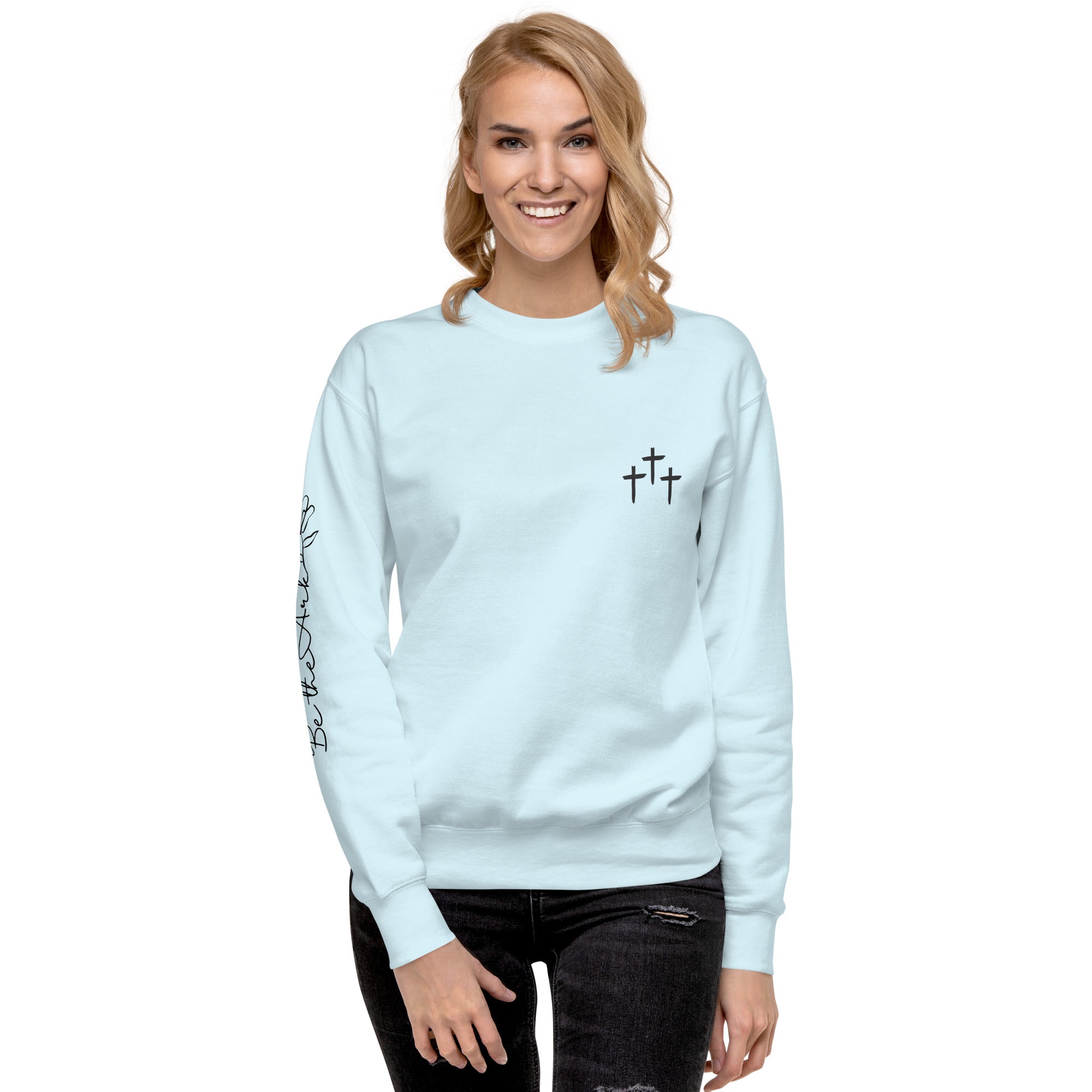 3 Crosses Crewneck with Be The Ark Sleeve Print | Christian Sweatshirt