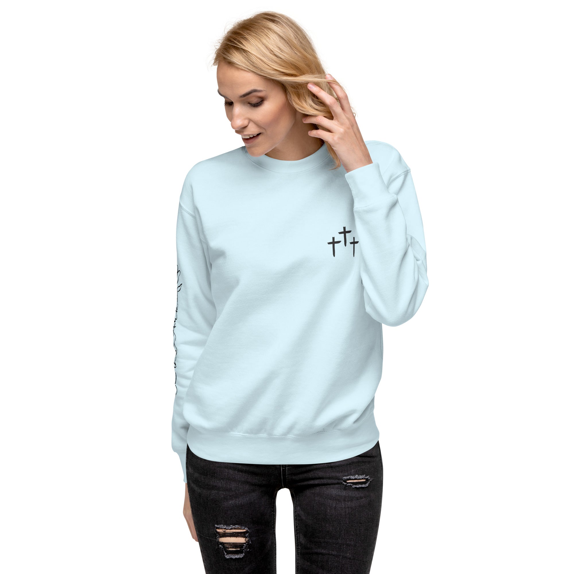 3 Crosses Crewneck with Be The Ark Sleeve Print | Christian Sweatshirt