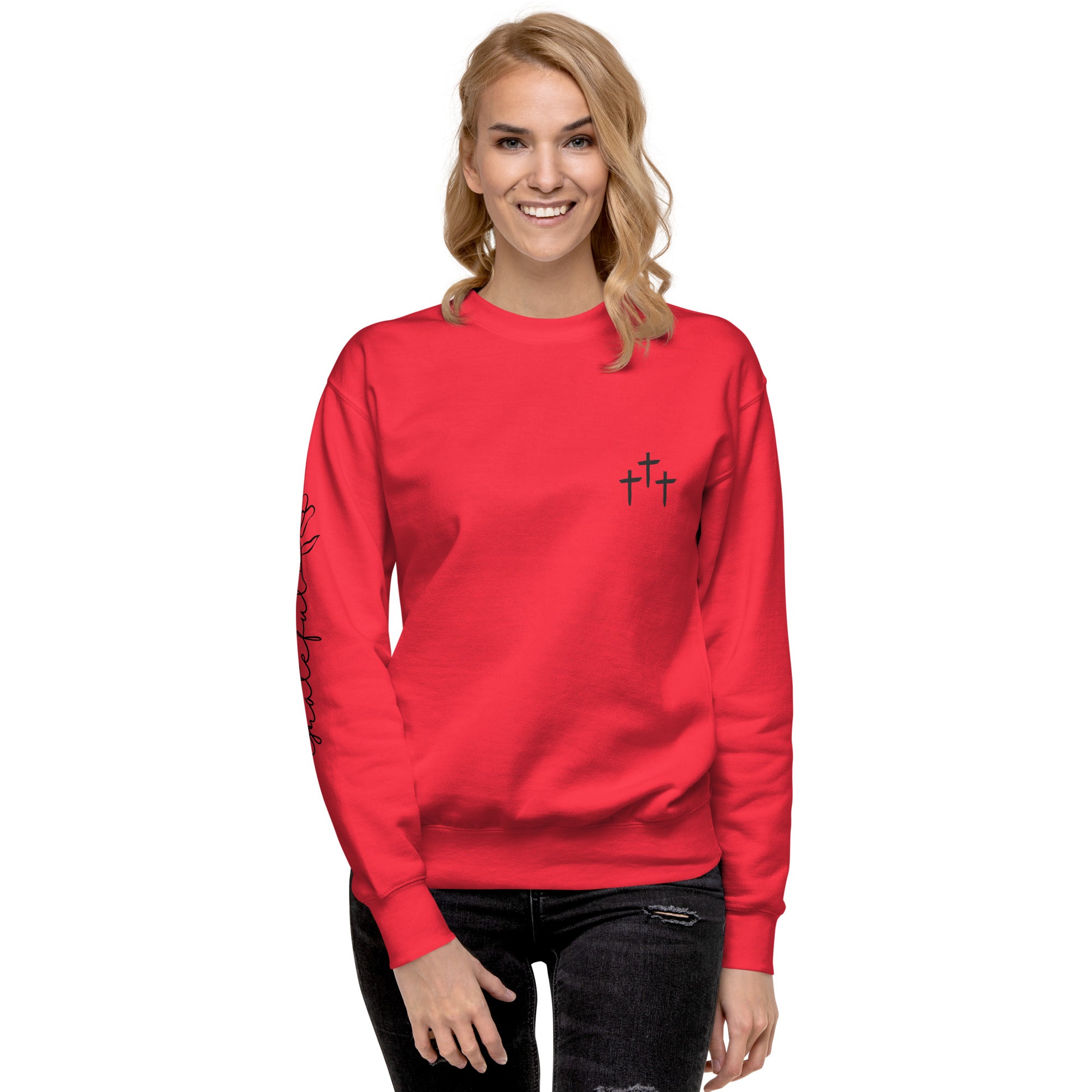 3 Crosses Crewneck with Grateful Sleeve Print | Christian Sweatshirt