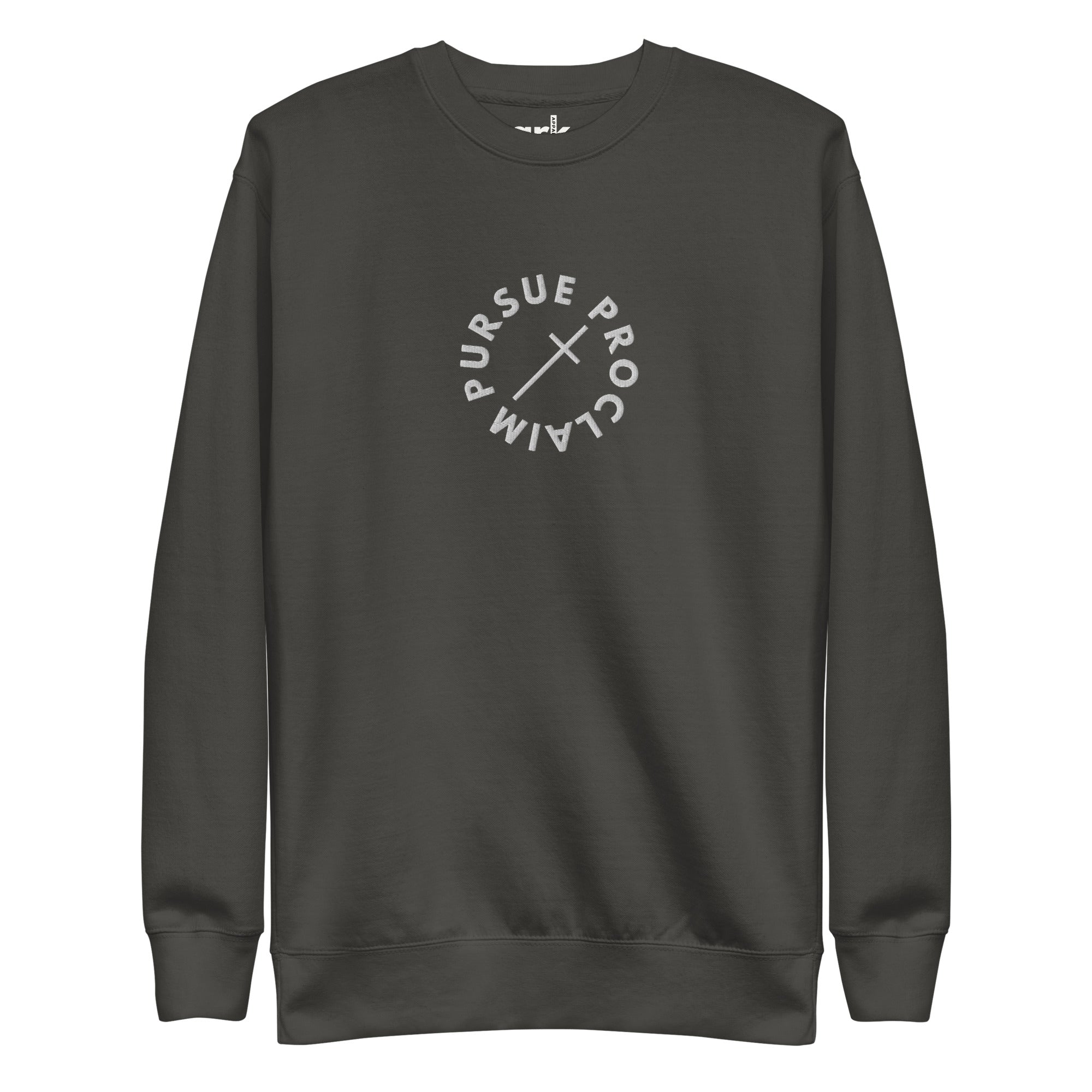 Men's Classic Crewneck Sweatshirt - Pursue and Proclaim Embroidery - Various Colors Christian Faith Sweater