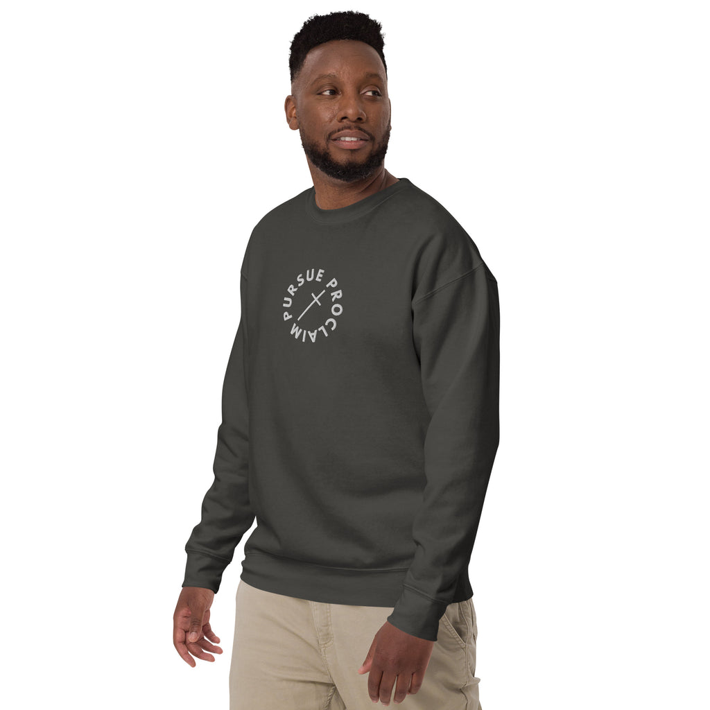 Men's Classic Crewneck Sweatshirt - Pursue and Proclaim Embroidery - Various Colors Christian Faith Sweater