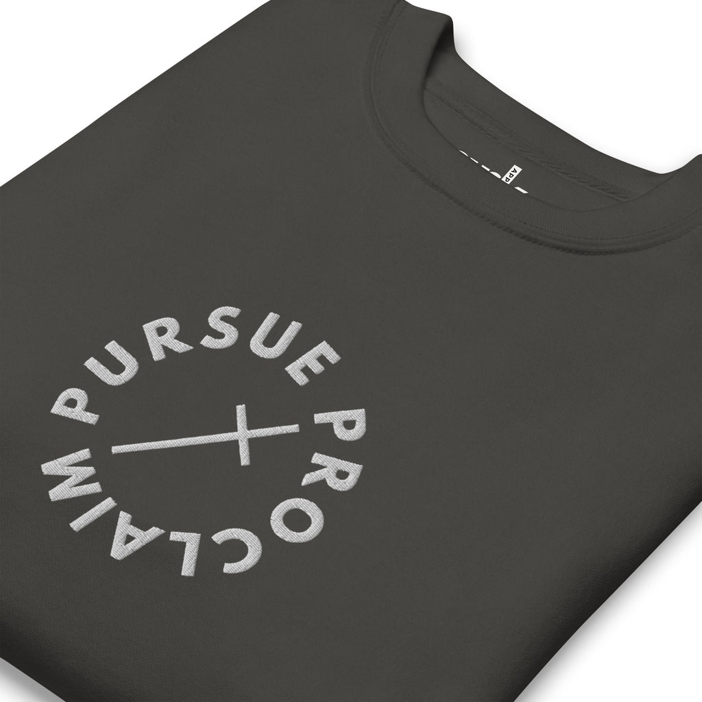 Men's Classic Crewneck Sweatshirt - Pursue and Proclaim Embroidery - Various Colors Christian Faith Sweater