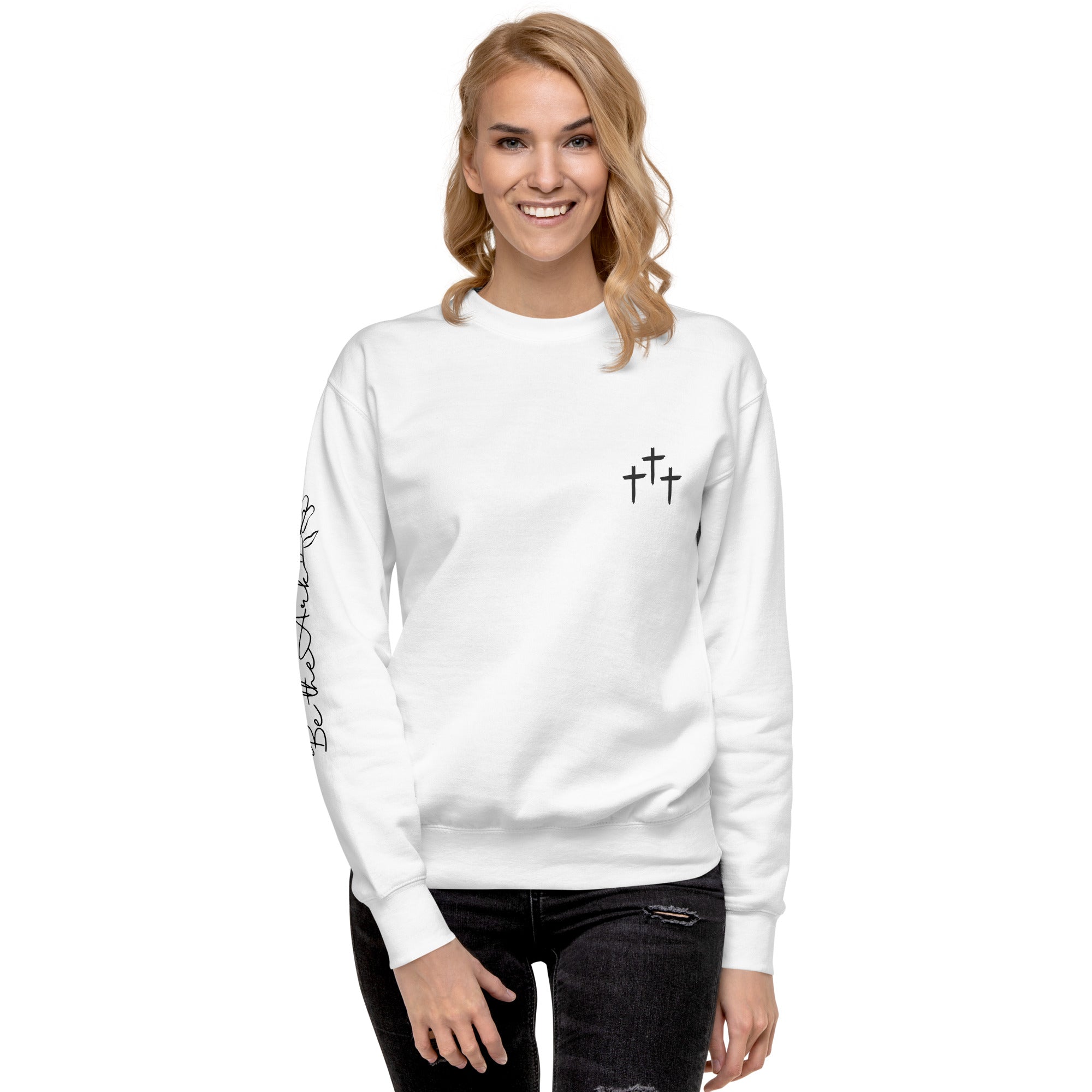 3 Crosses Crewneck with Be The Ark Sleeve Print | Christian Sweatshirt