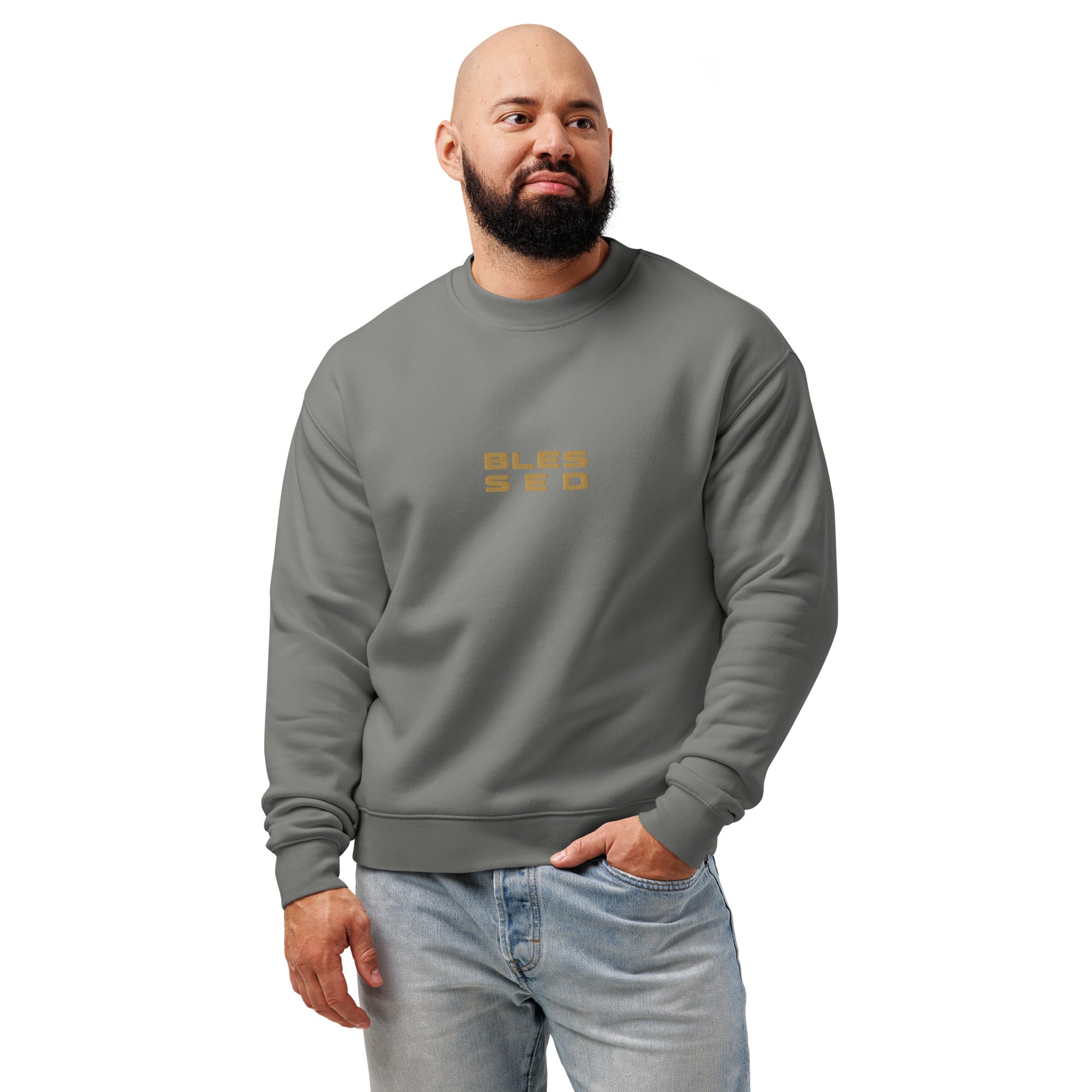 Men's Relaxed Crew Neck Sweatshirt - Blessed Embroidery - Various Colors Christian Faith Sweater