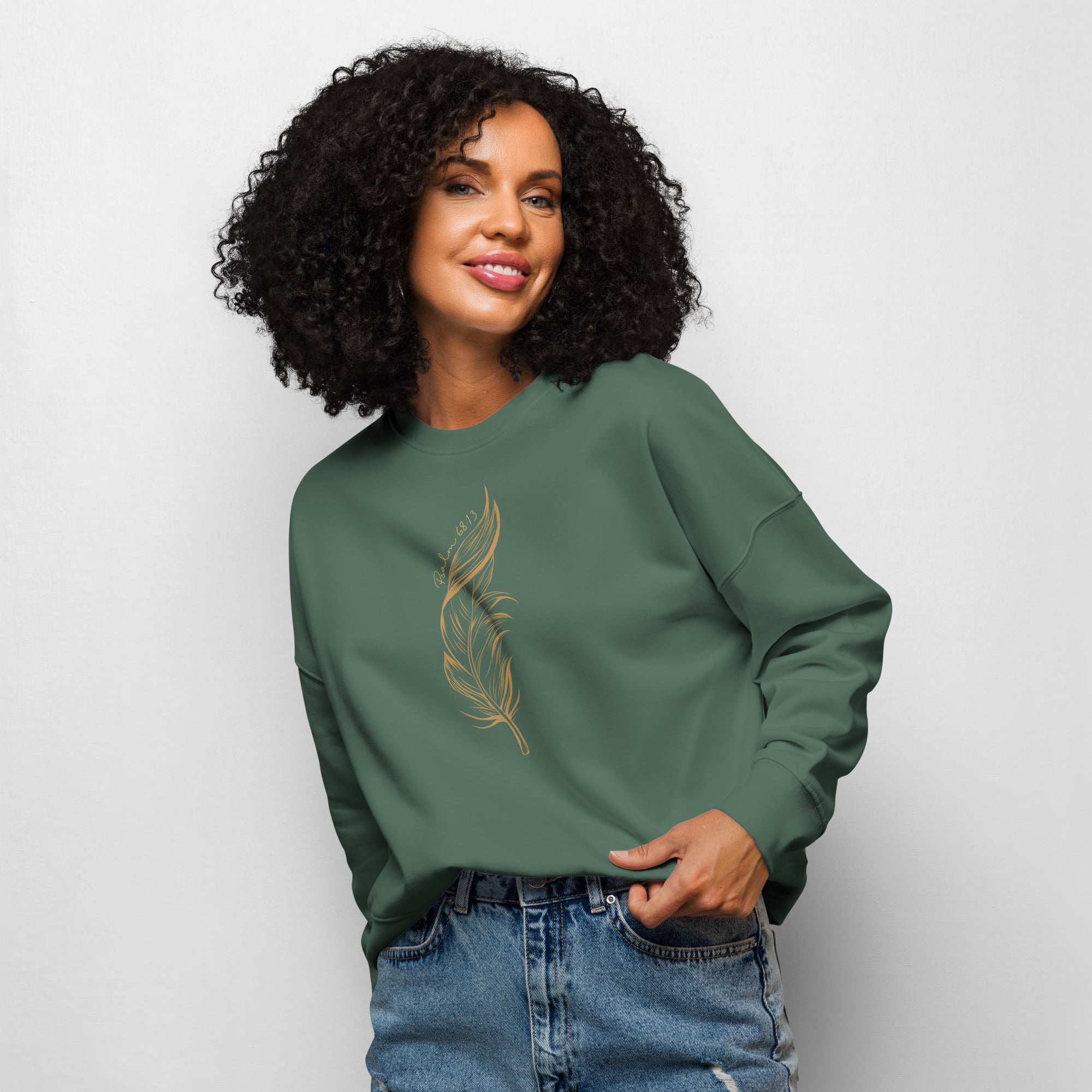 Psalm 68:13 Organic Sweatshirt | Feather Print with Wrist Embroidery