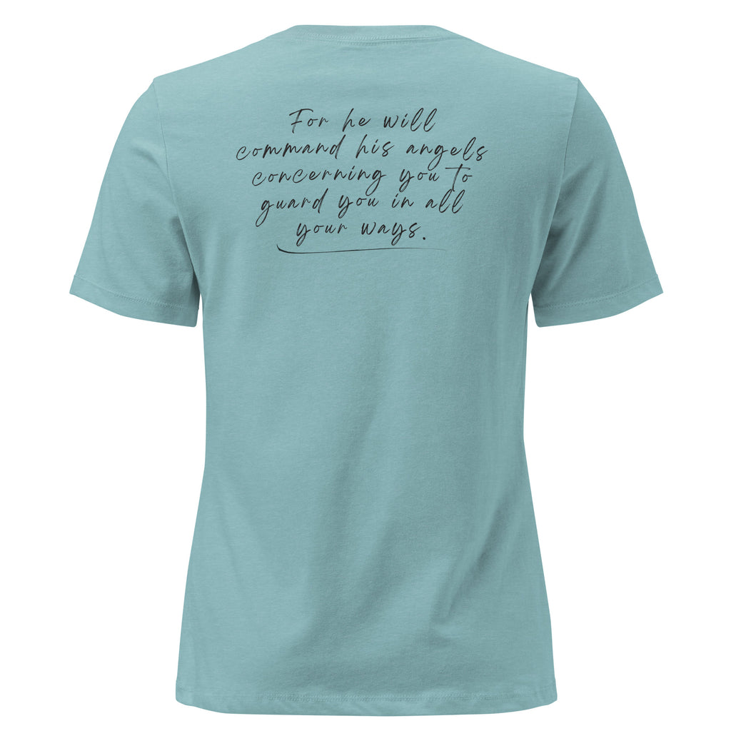 Women's Relaxed Fit T-Shirt - Psalm 91:11 Bible Verse Print Front & Back - Various Colors Christian Faith Tee