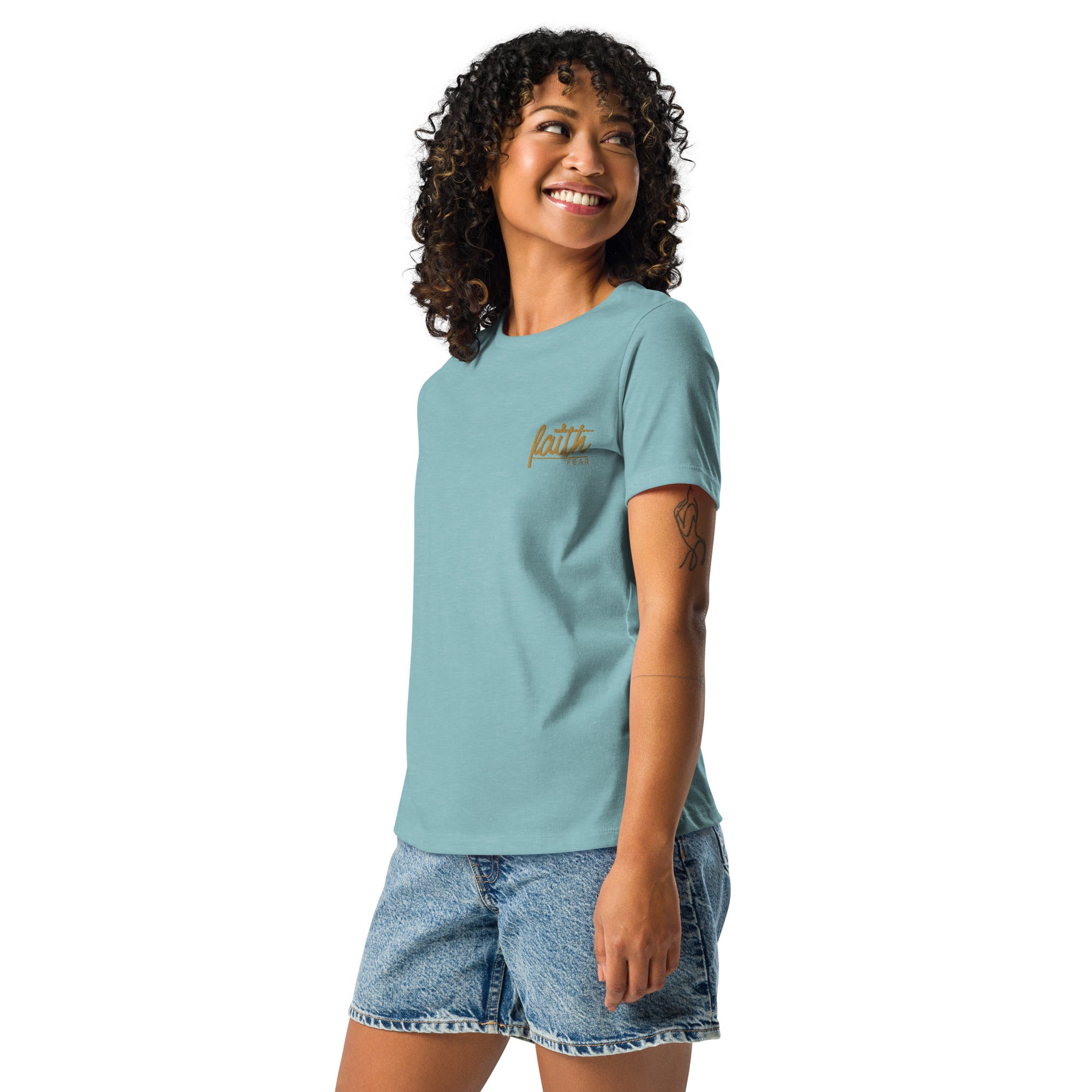 Women's Relaxed Fit T-Shirt - Faith Over Fear Embroidery - Various Colors Christian Faith Tee