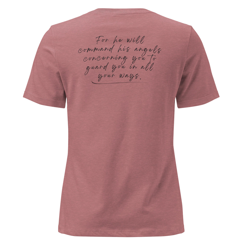 Women's Relaxed Fit T-Shirt - Psalm 91:11 Bible Verse Print Front & Back - Various Colors Christian Faith Tee