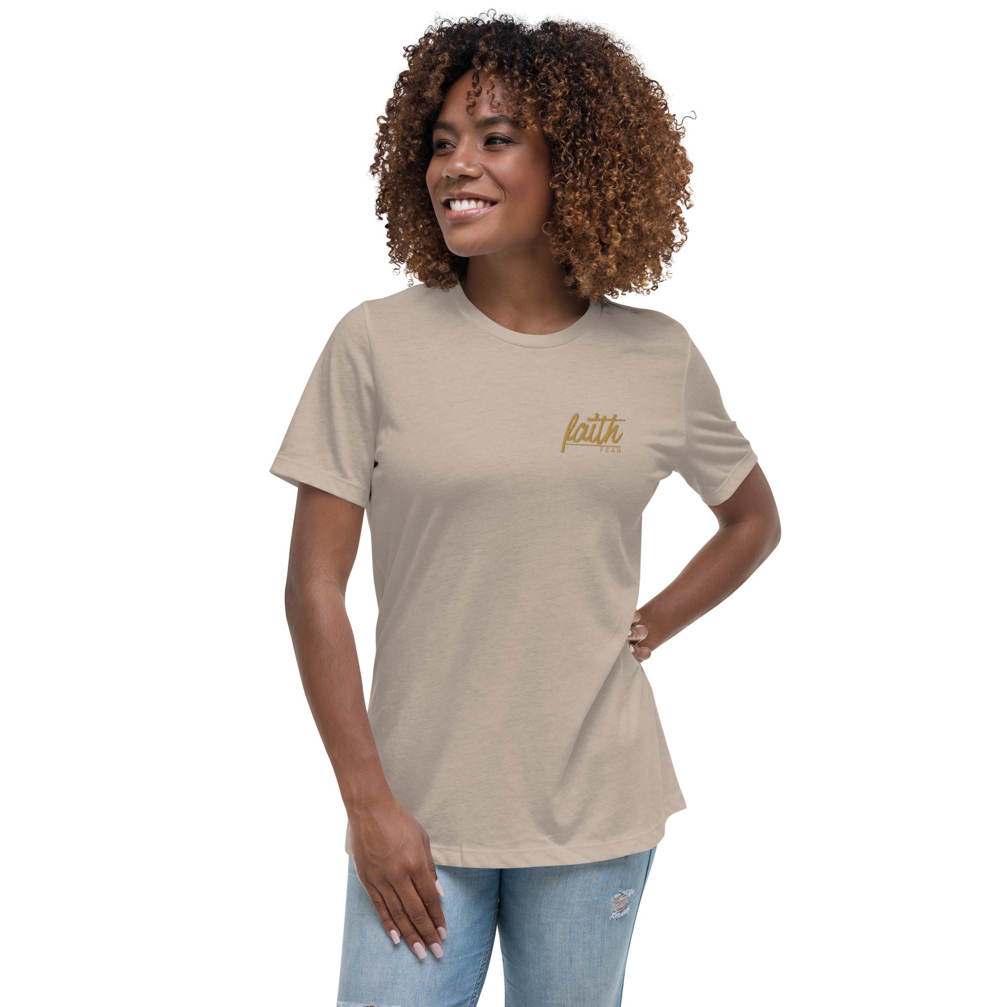 Women's Relaxed Fit T-Shirt - Faith Over Fear Embroidery - Various Colors Christian Faith Tee