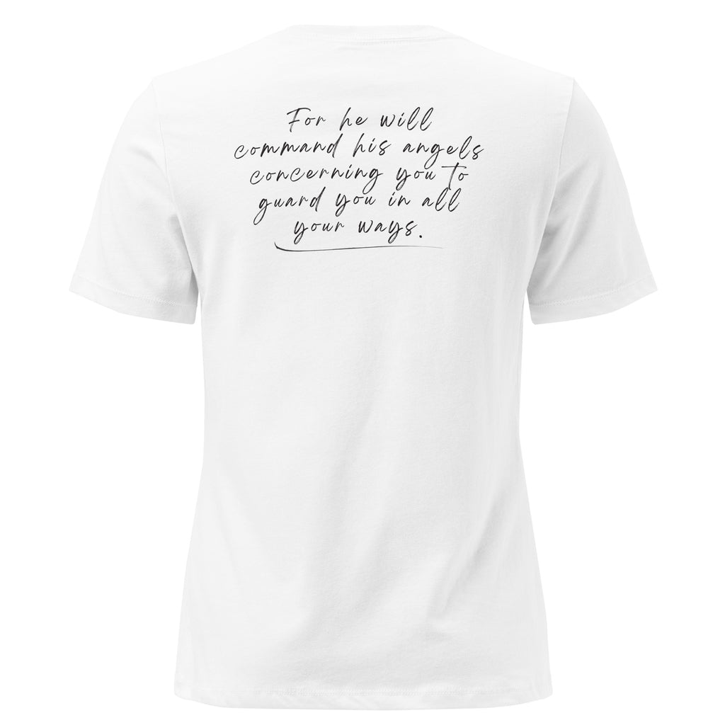 Women's Relaxed Fit T-Shirt - Psalm 91:11 Bible Verse Print Front & Back - Various Colors Christian Faith Tee